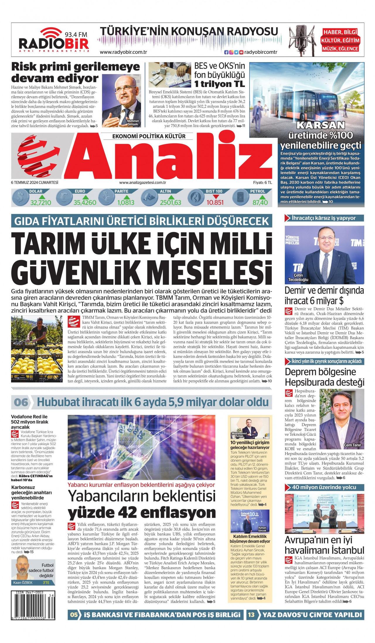 ANALİZ gazetesinin 6 Temmuz 2024 tarihli birinci sayfası