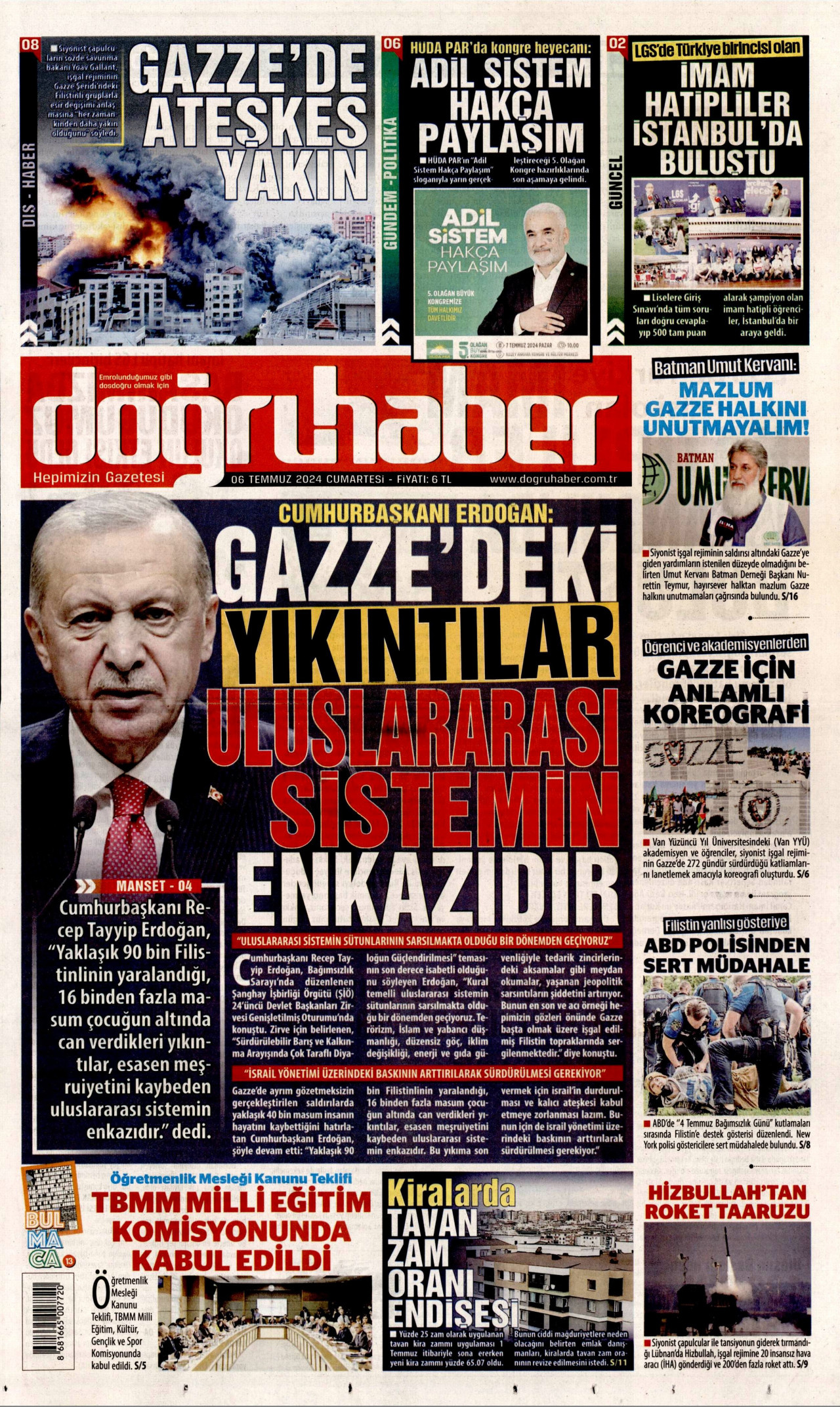 DOĞRU HABER gazetesinin 6 Temmuz 2024 tarihli birinci sayfası
