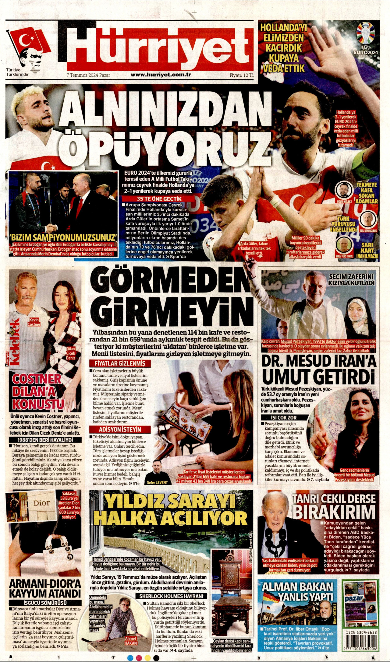HÜRRİYET gazetesinin 7 Temmuz 2024 tarihli birinci sayfası