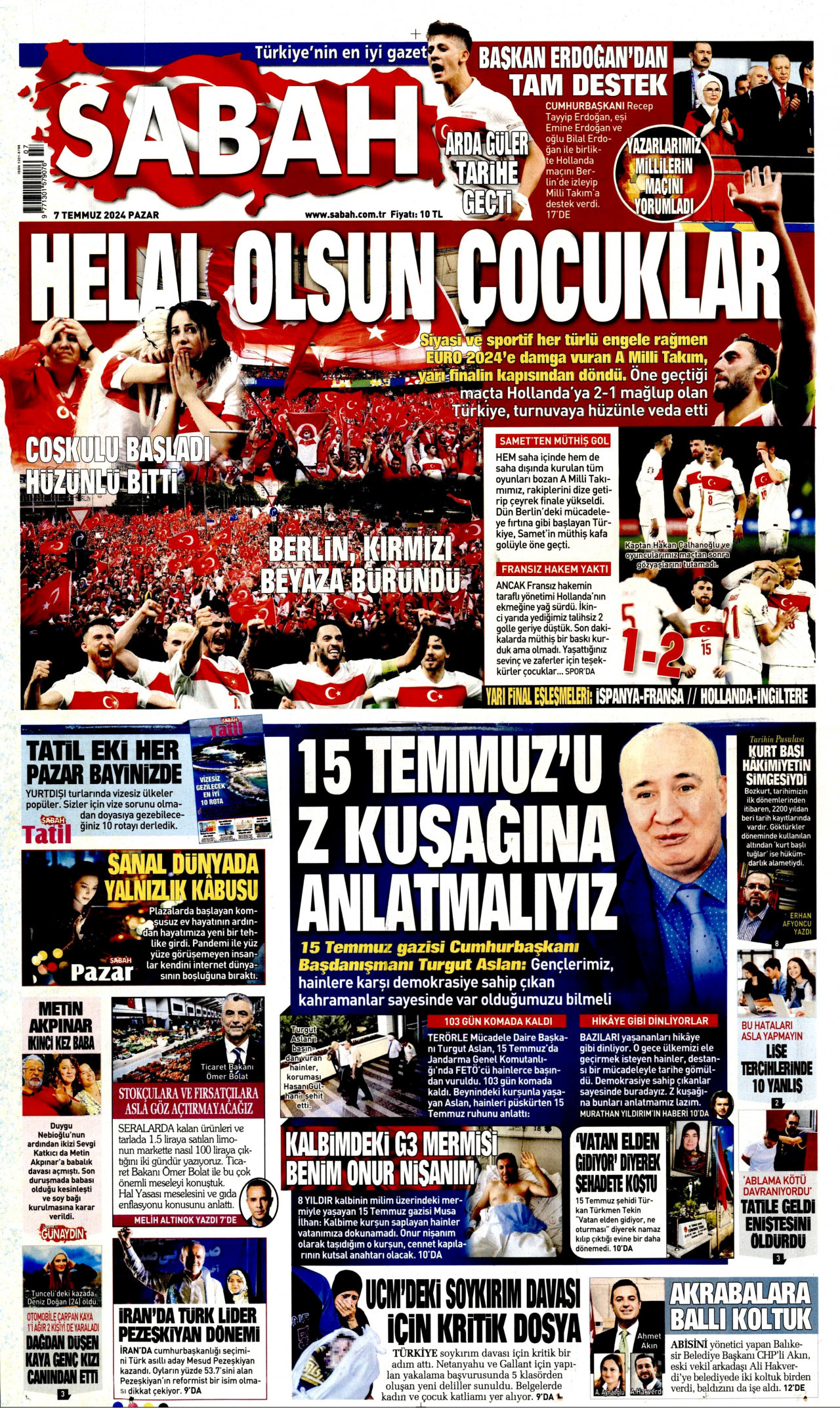 SABAH gazetesinin 7 Temmuz 2024 tarihli birinci sayfası