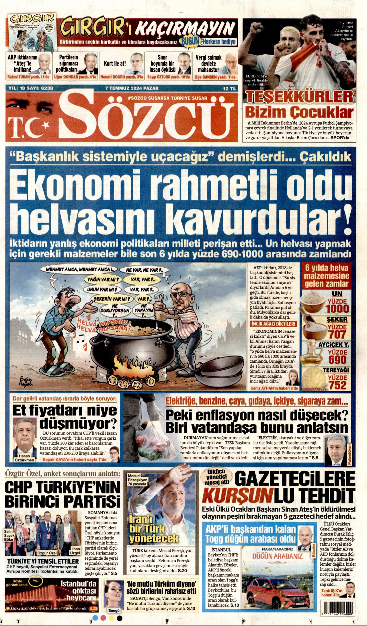 SÖZCÜ gazetesinin 7 Temmuz 2024 tarihli birinci sayfası