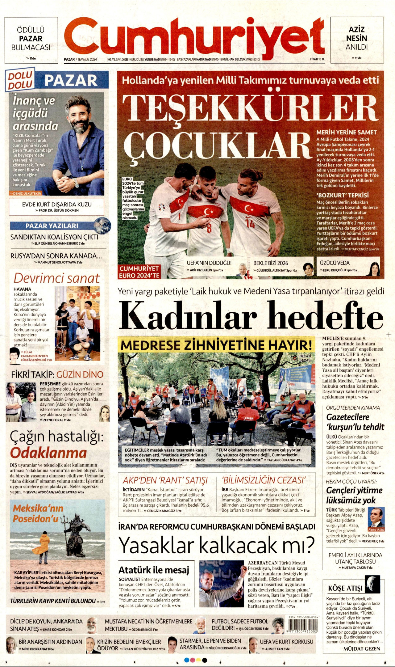 CUMHURİYET gazetesinin 7 Temmuz 2024 tarihli birinci sayfası