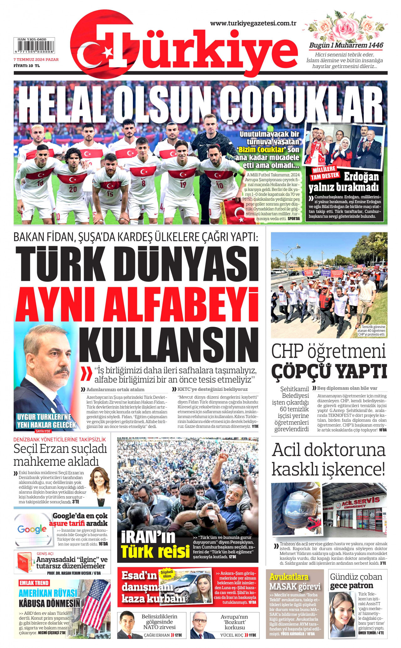 TÜRKİYE GAZETESİ gazetesinin 7 Temmuz 2024 tarihli birinci sayfası