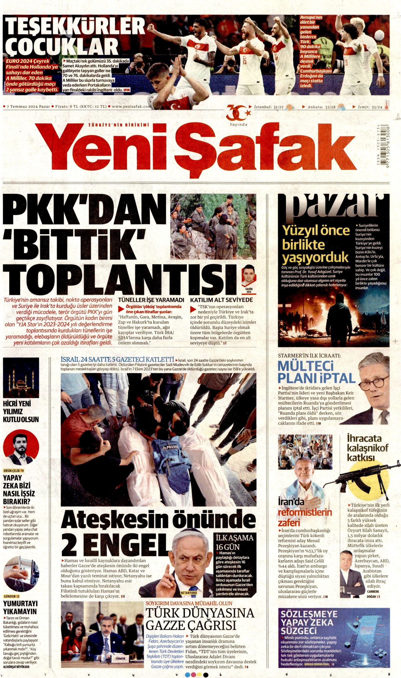 YENİ ŞAFAK gazetesinin 7 Temmuz 2024 tarihli birinci sayfası