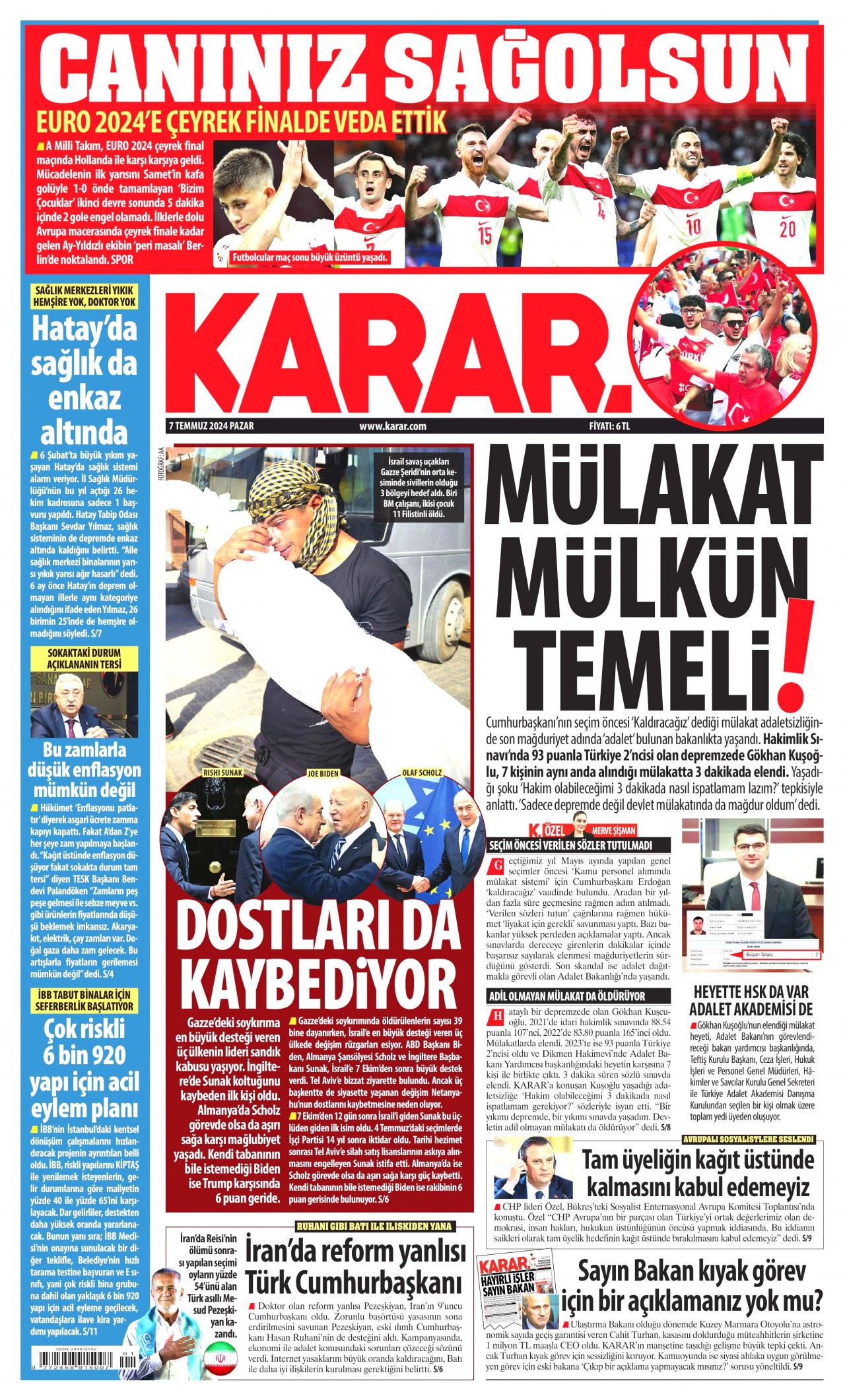 KARAR gazetesinin 7 Temmuz 2024 tarihli birinci sayfası