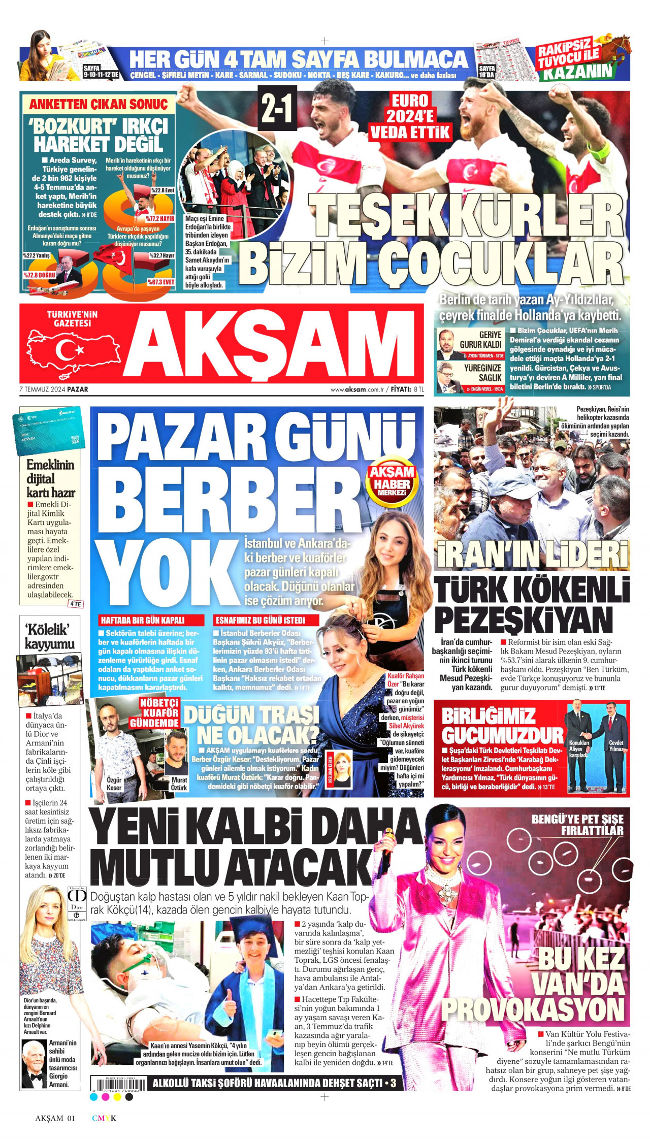 AKŞAM gazetesinin 7 Temmuz 2024 tarihli birinci sayfası