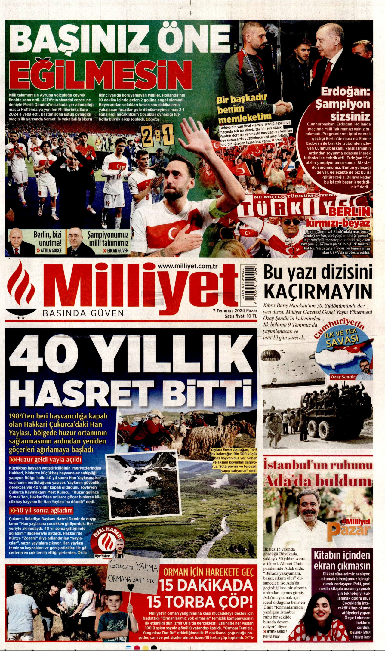 MİLLİYET gazetesinin 7 Temmuz 2024 tarihli birinci sayfası