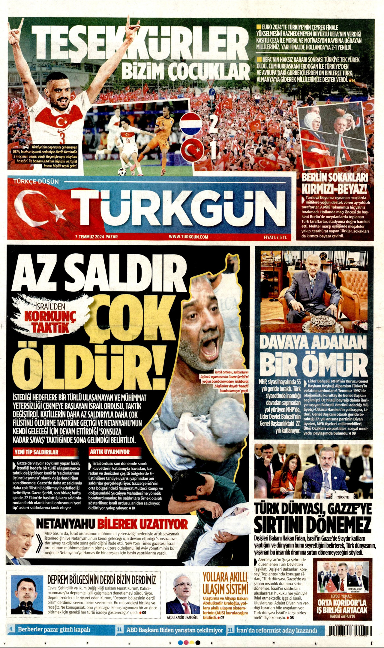 TÜRKGÜN gazetesinin 7 Temmuz 2024 tarihli birinci sayfası