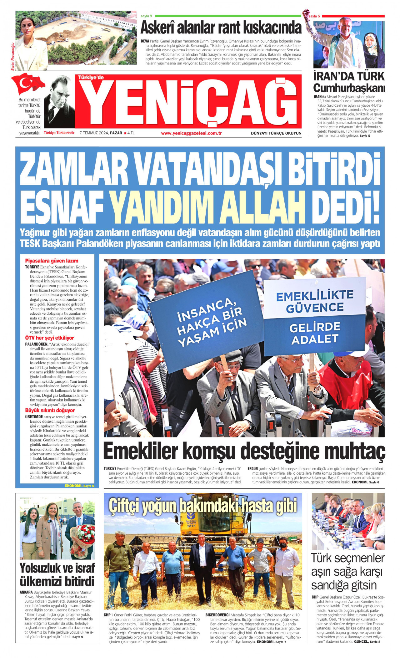 YENİÇAĞ gazetesinin 7 Temmuz 2024 tarihli birinci sayfası