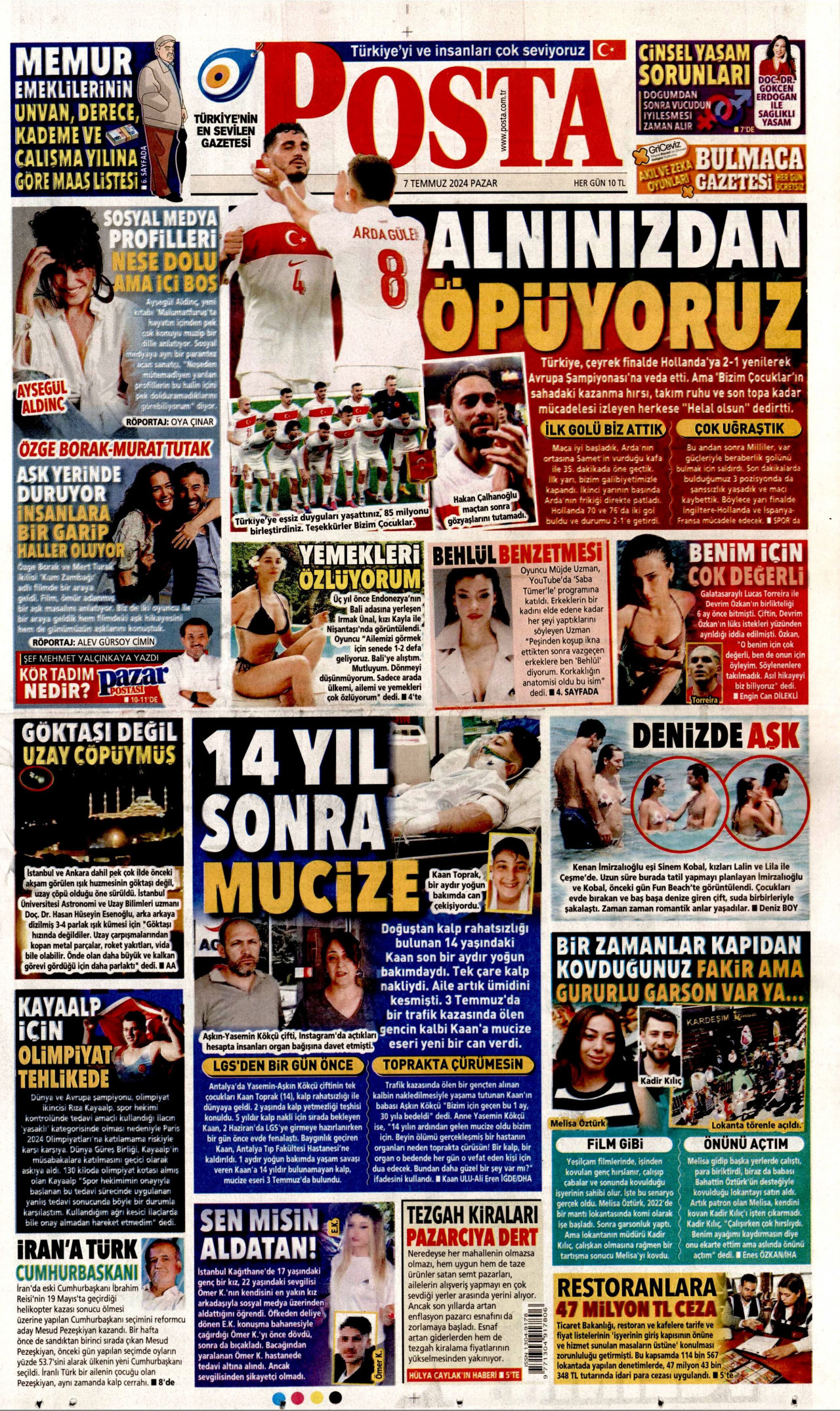 POSTA gazetesinin 7 Temmuz 2024 tarihli birinci sayfası