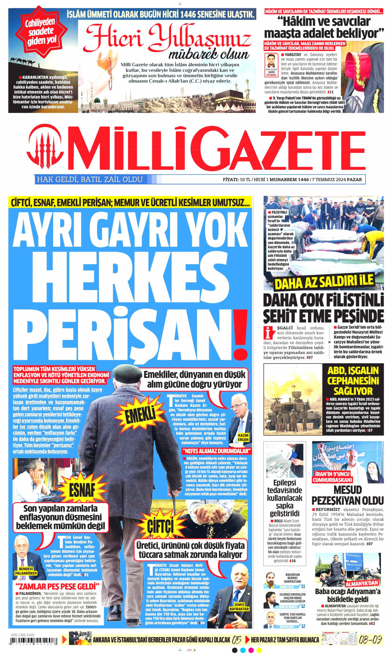 MİLLİ GAZETE gazetesinin 7 Temmuz 2024 tarihli birinci sayfası