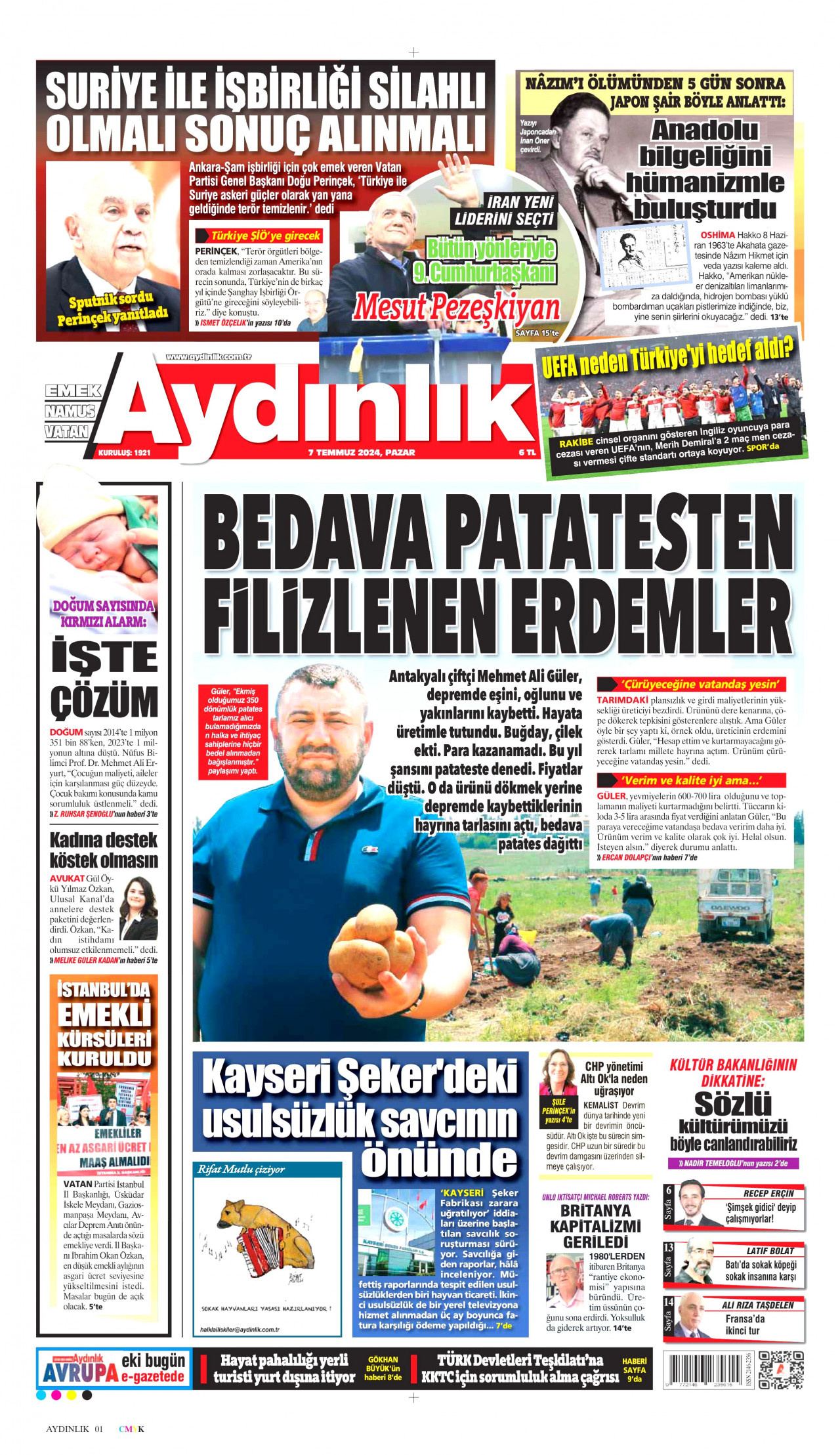 AYDINLIK GAZETESİ gazetesinin 7 Temmuz 2024 tarihli birinci sayfası