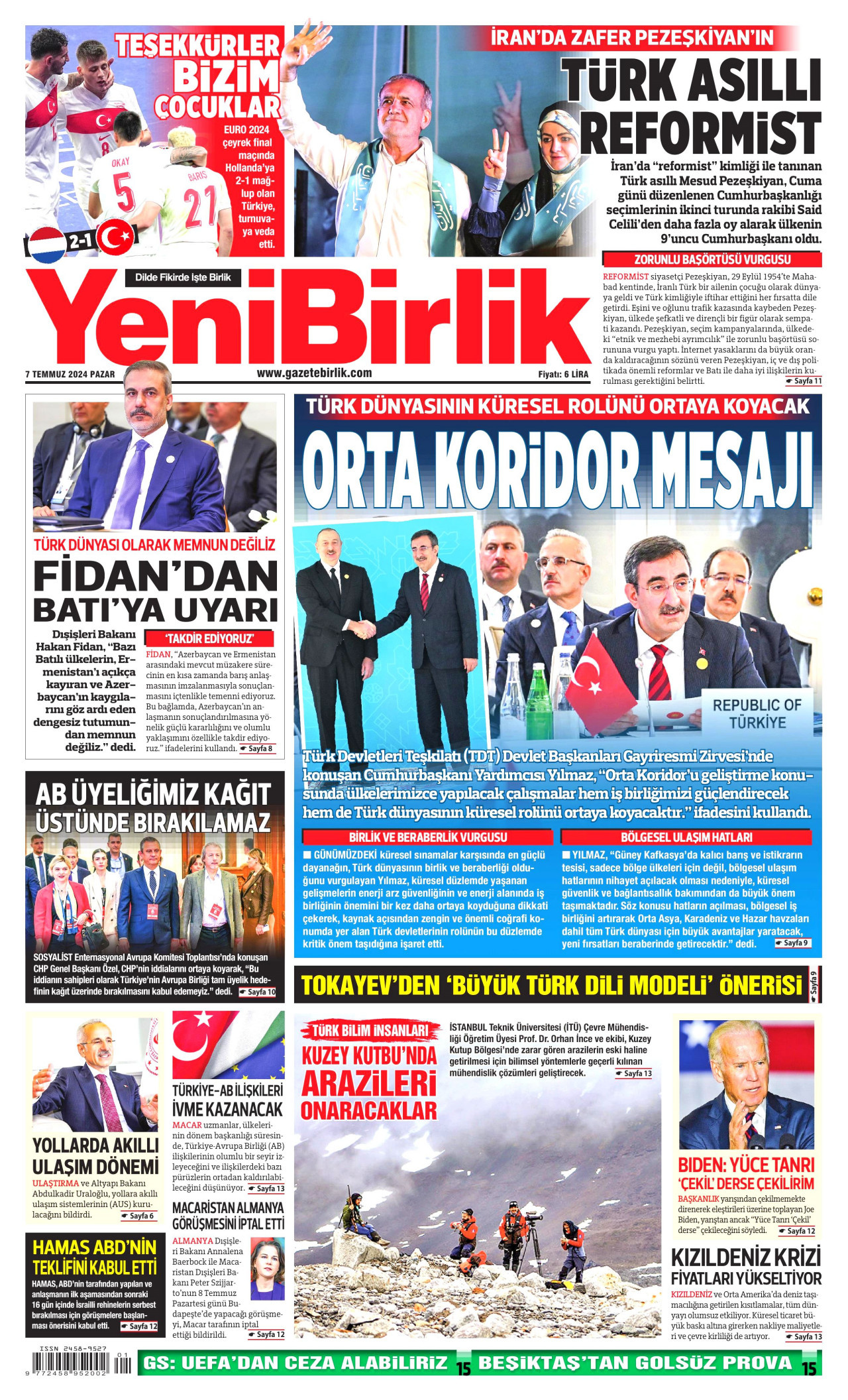YENİBİRLİK gazetesinin 7 Temmuz 2024 tarihli birinci sayfası
