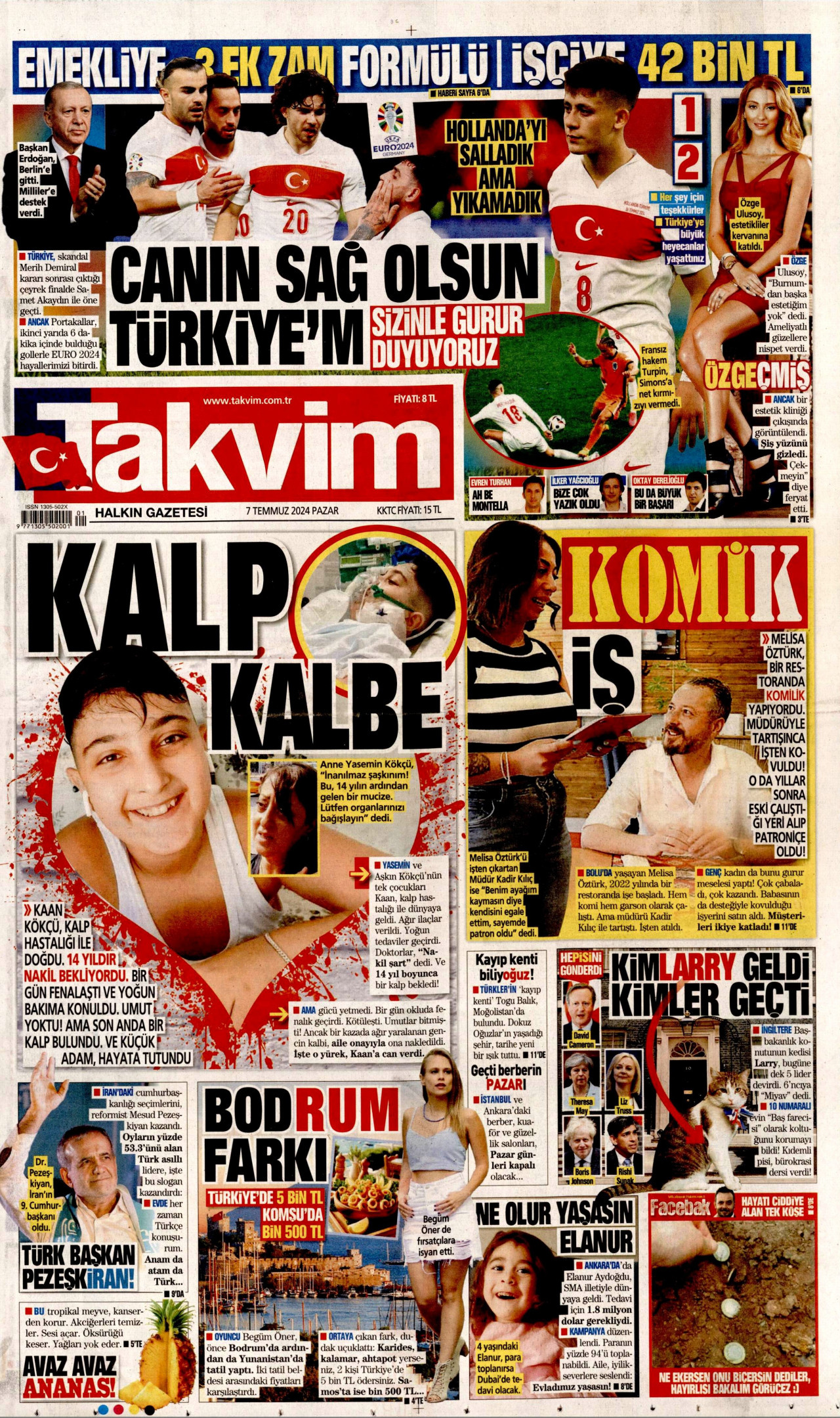 TAKVİM gazetesinin 7 Temmuz 2024 tarihli birinci sayfası