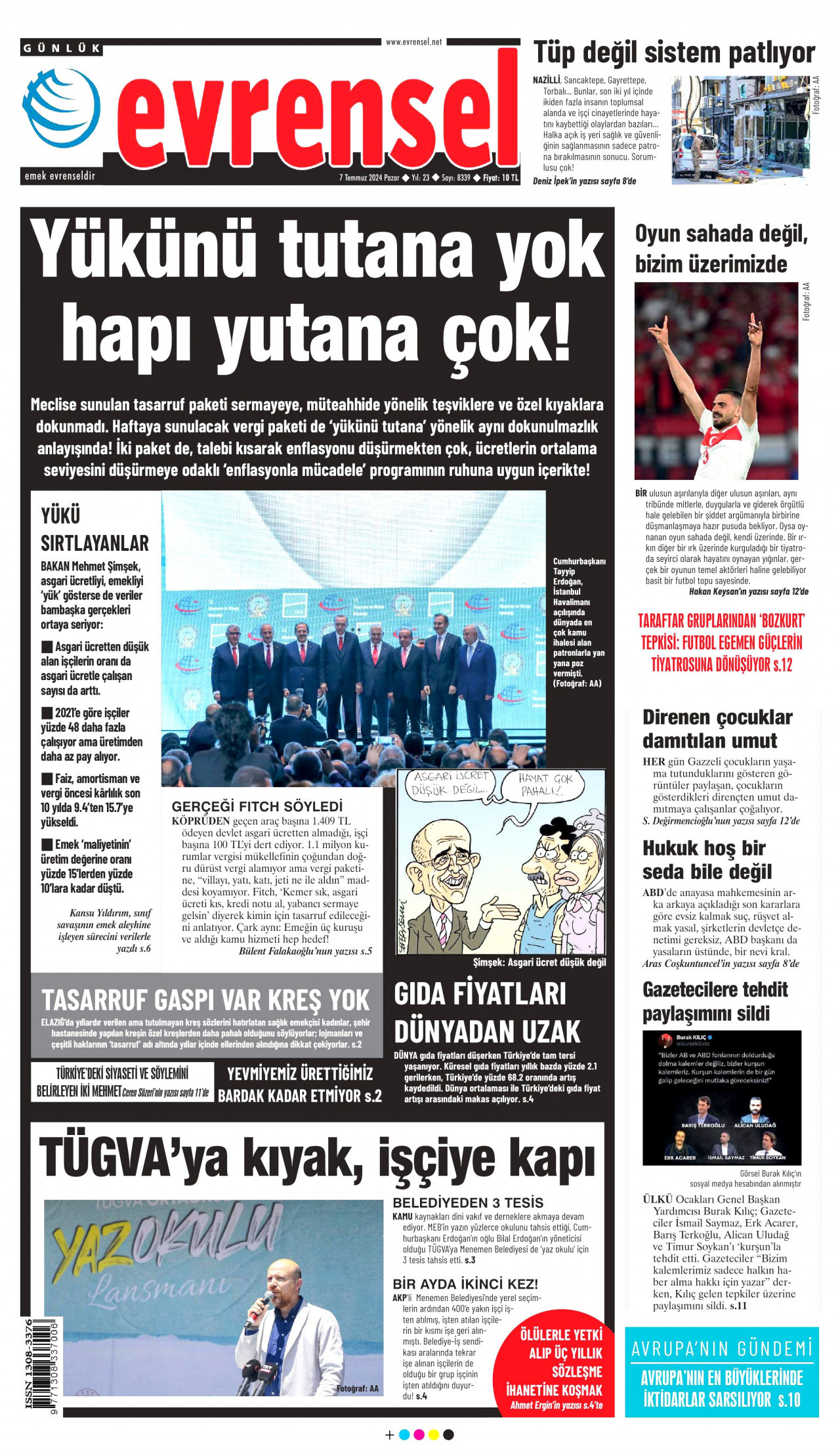 EVRENSEL gazetesinin 7 Temmuz 2024 tarihli birinci sayfası