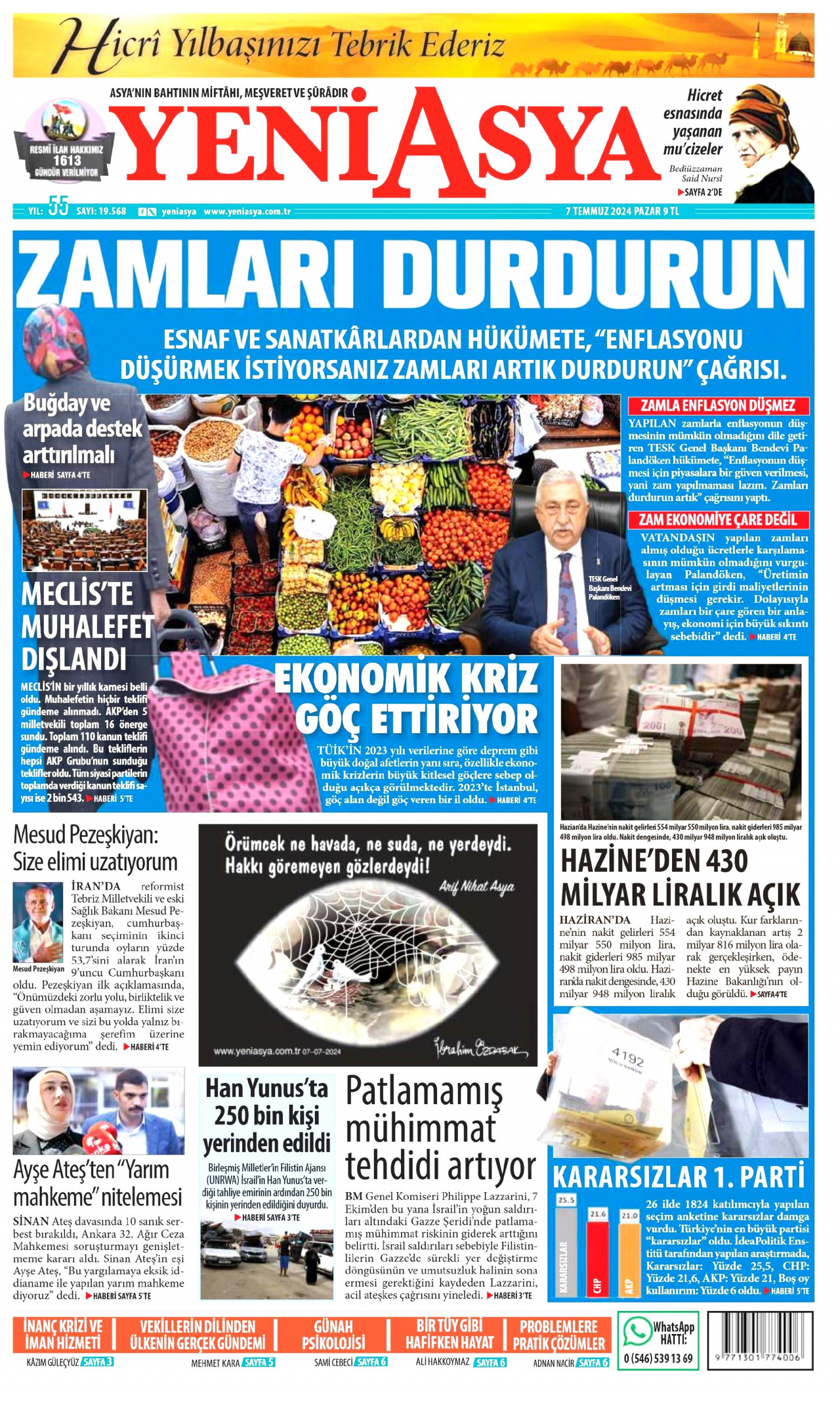 YENİ ASYA gazetesinin 7 Temmuz 2024 tarihli birinci sayfası