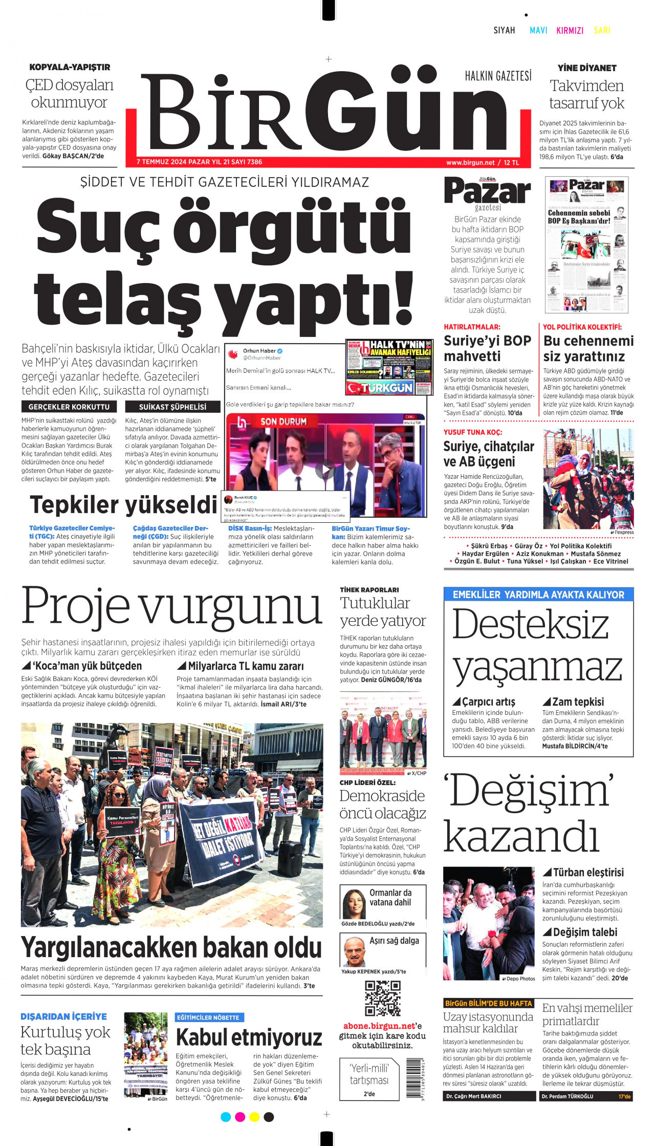 BİRGÜN gazetesinin 7 Temmuz 2024 tarihli birinci sayfası