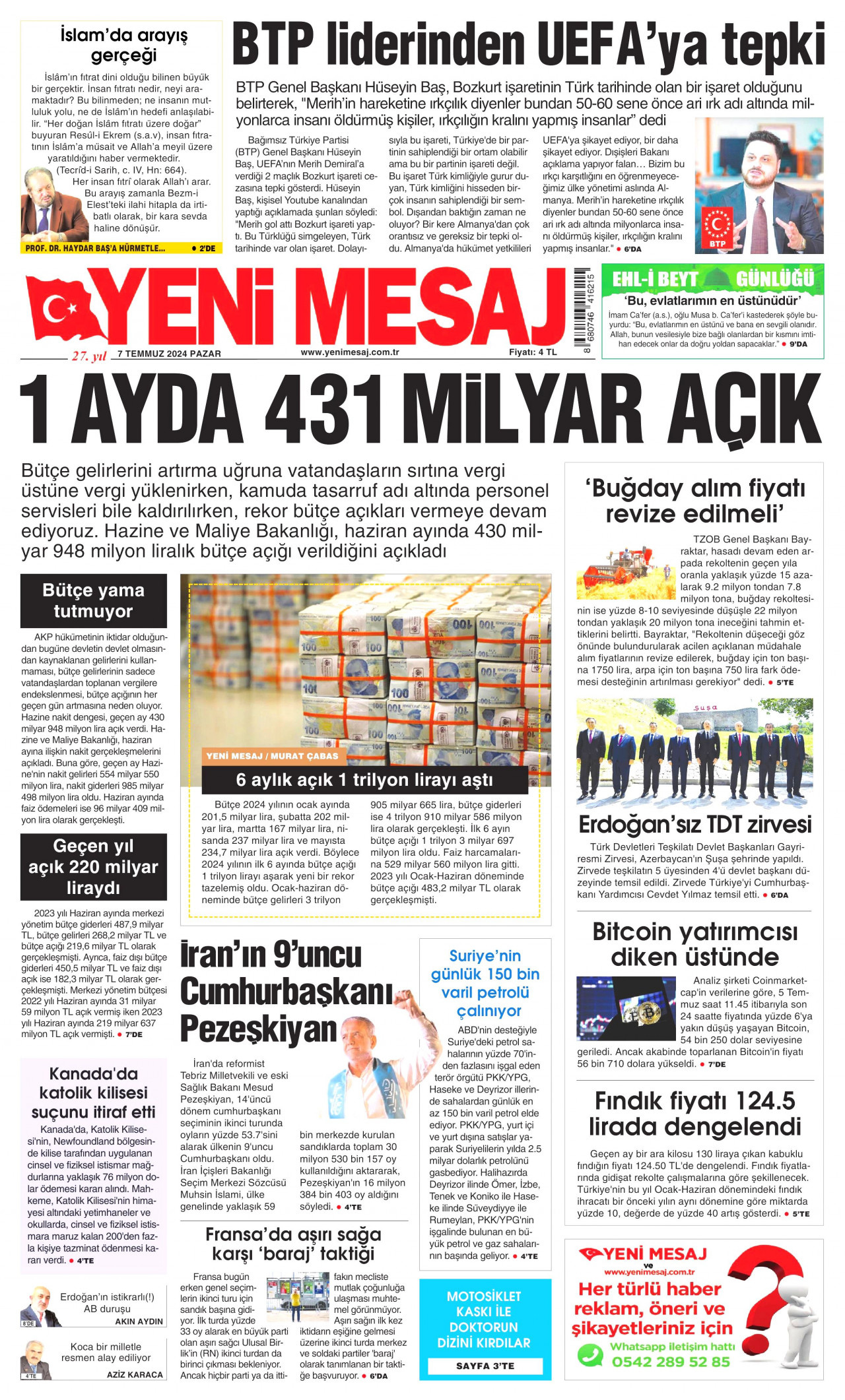 YENİ MESAJ gazetesinin 7 Temmuz 2024 tarihli birinci sayfası