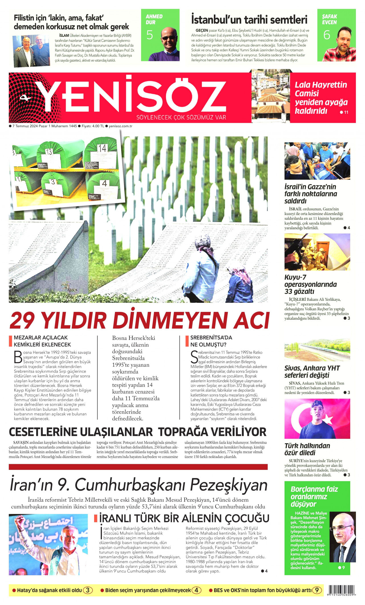 YENİ SÖZ GAZETESİ gazetesinin 7 Temmuz 2024 tarihli birinci sayfası