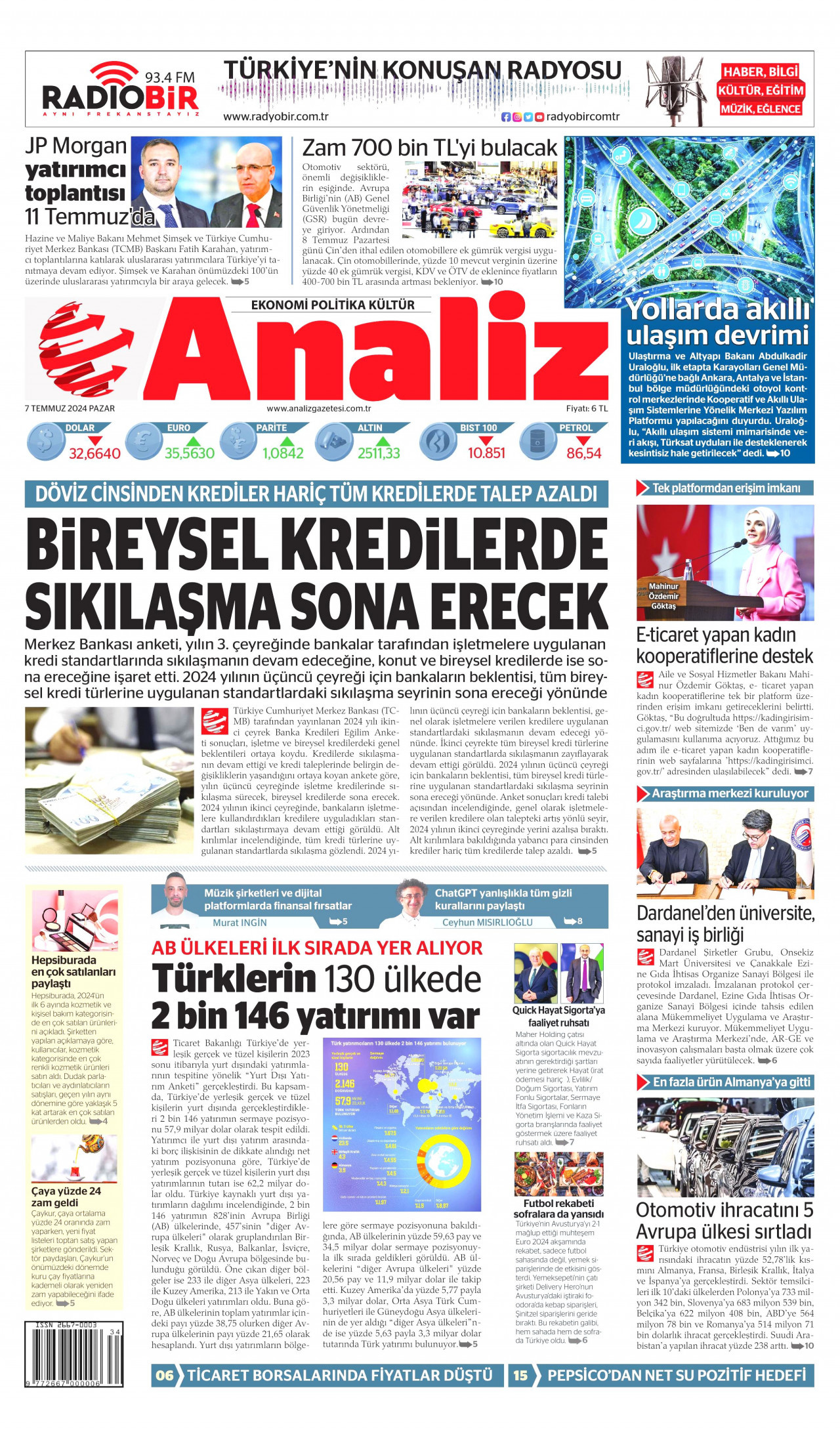 ANALİZ gazetesinin 7 Temmuz 2024 tarihli birinci sayfası
