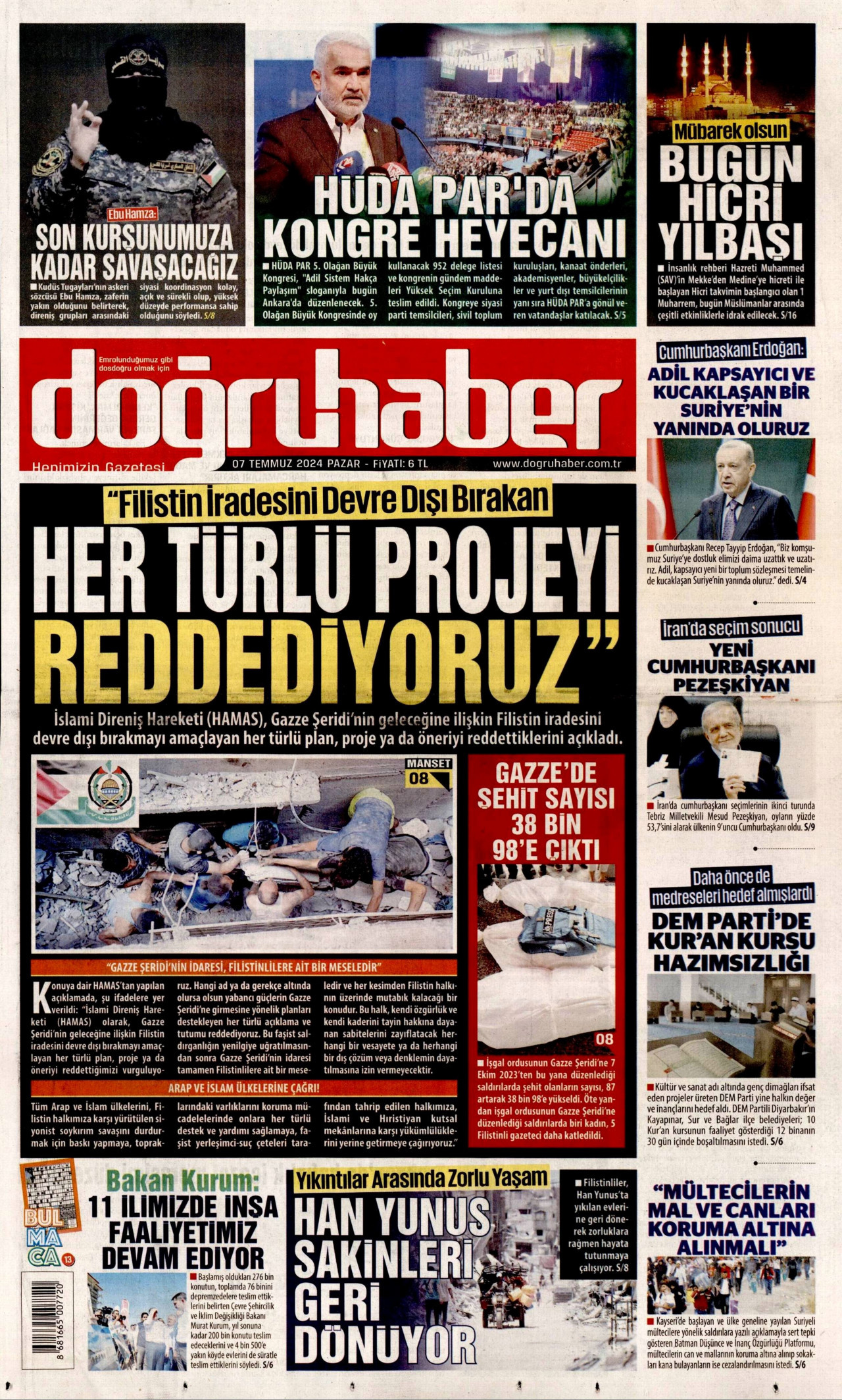 DOĞRU HABER gazetesinin 7 Temmuz 2024 tarihli birinci sayfası