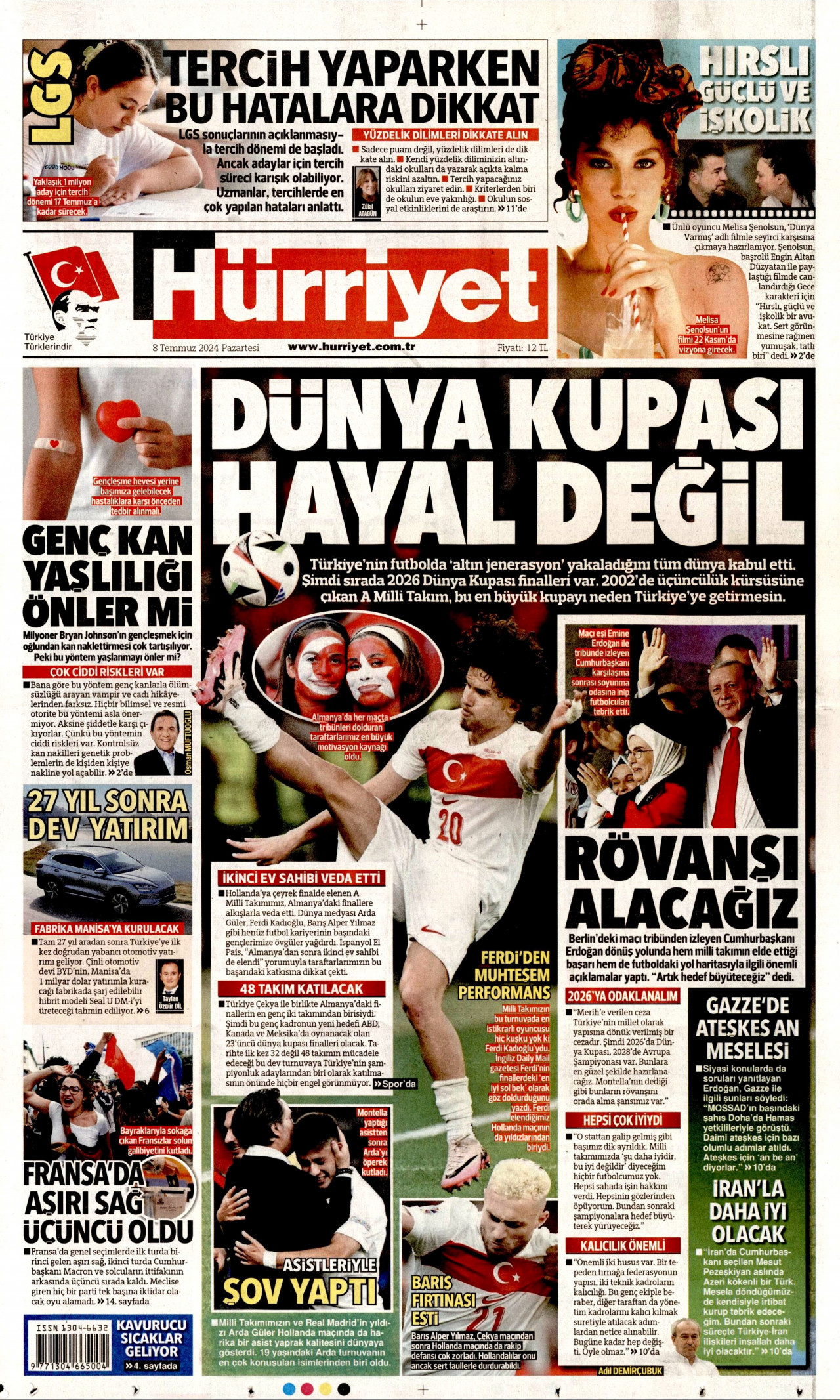 HÜRRİYET gazetesinin 8 Temmuz 2024 tarihli birinci sayfası