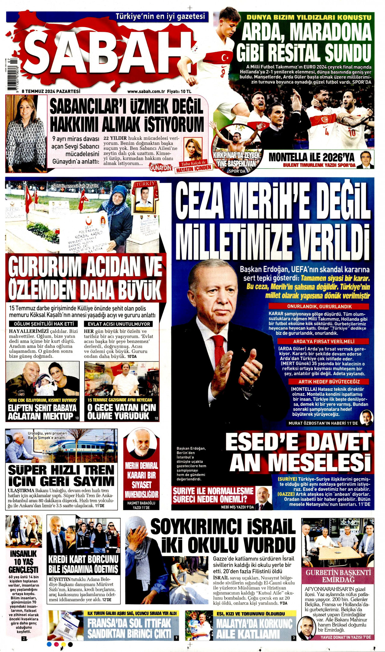 SABAH gazetesinin 8 Temmuz 2024 tarihli birinci sayfası