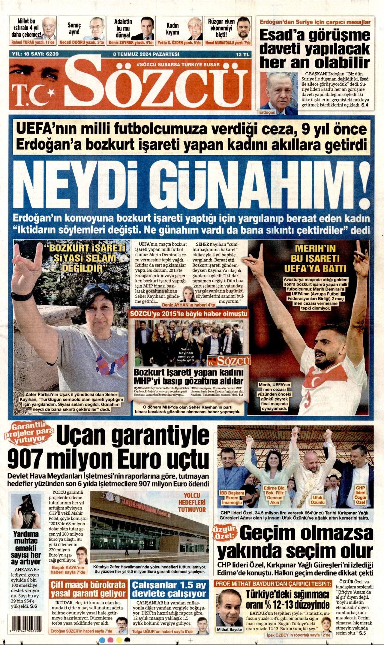 SÖZCÜ gazetesinin 8 Temmuz 2024 tarihli birinci sayfası