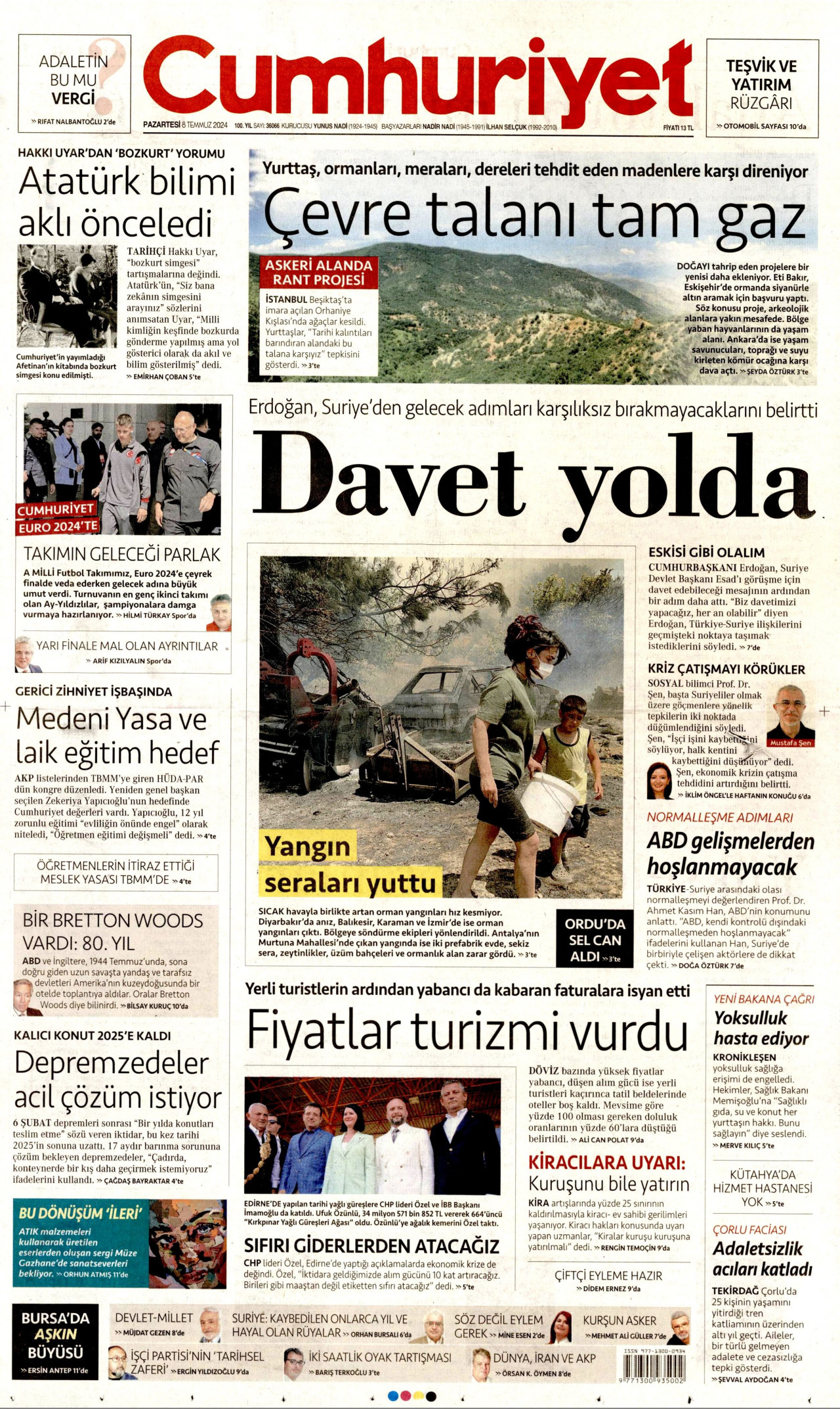 CUMHURİYET gazetesinin 8 Temmuz 2024 tarihli birinci sayfası