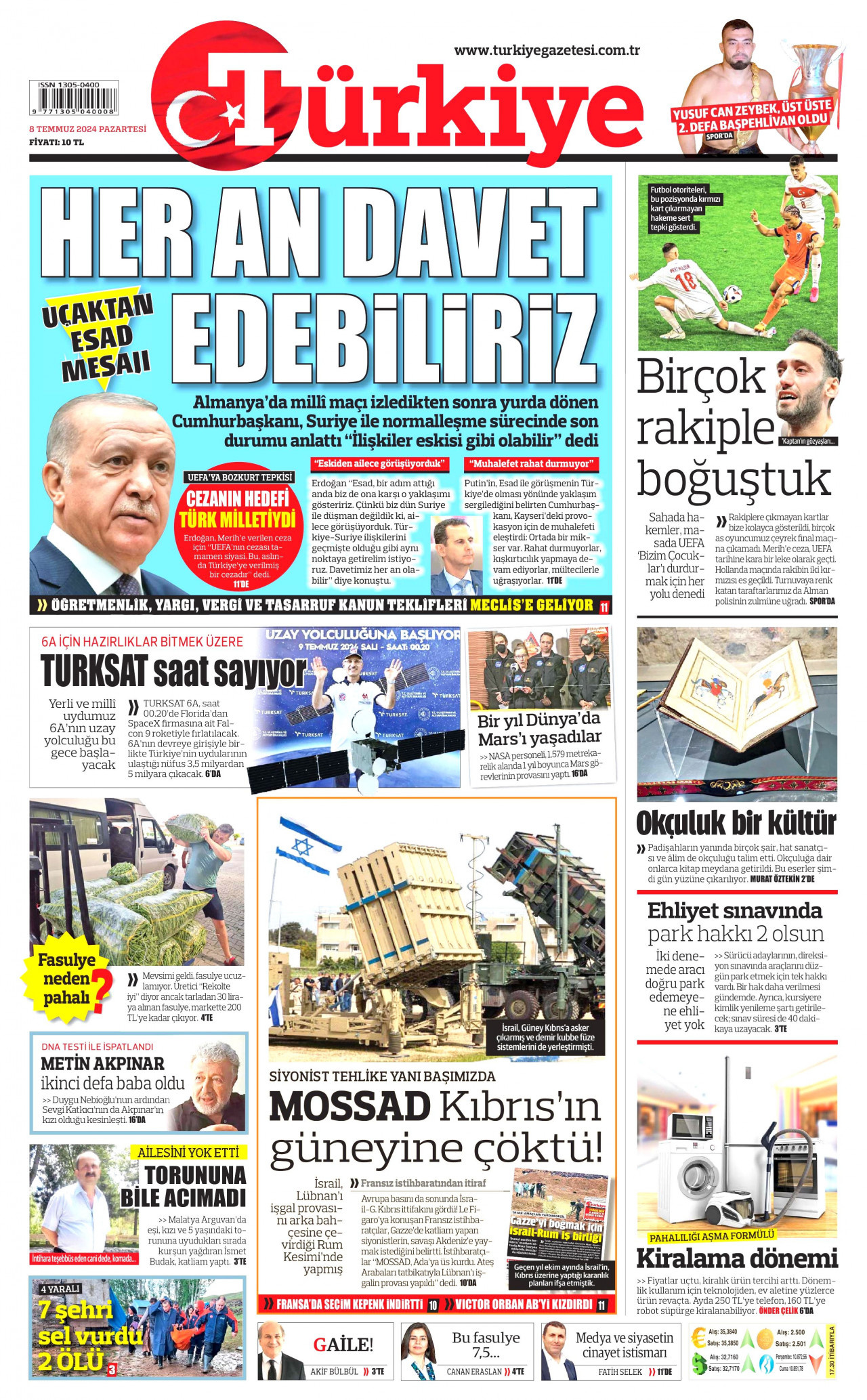 TÜRKİYE GAZETESİ gazetesinin 8 Temmuz 2024 tarihli birinci sayfası