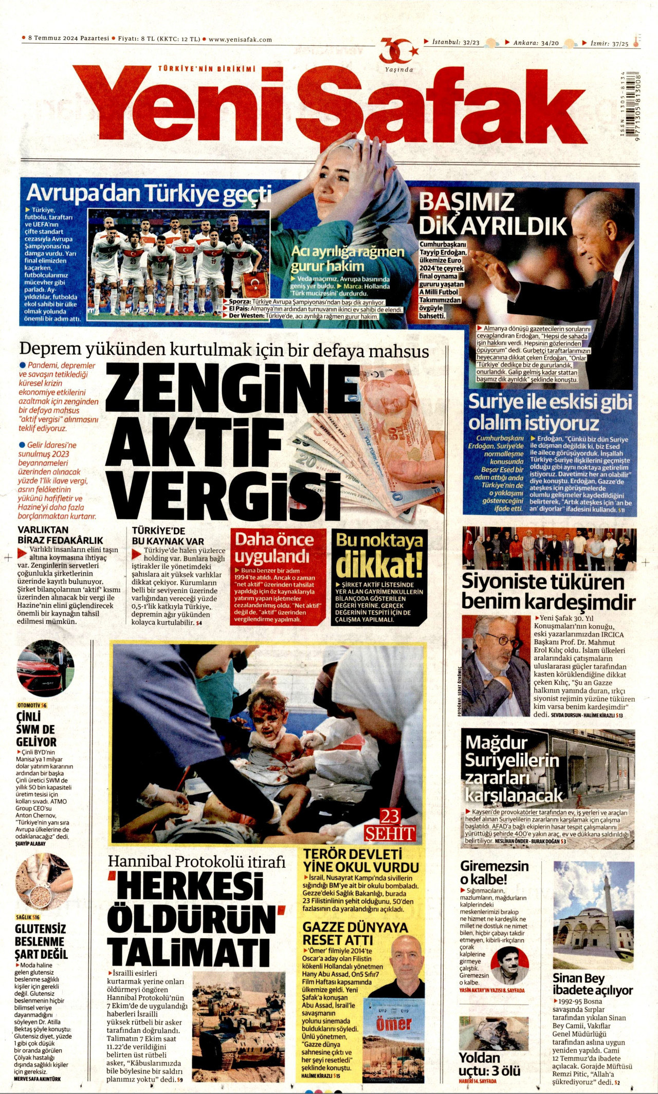 YENİ ŞAFAK gazetesinin 8 Temmuz 2024 tarihli birinci sayfası