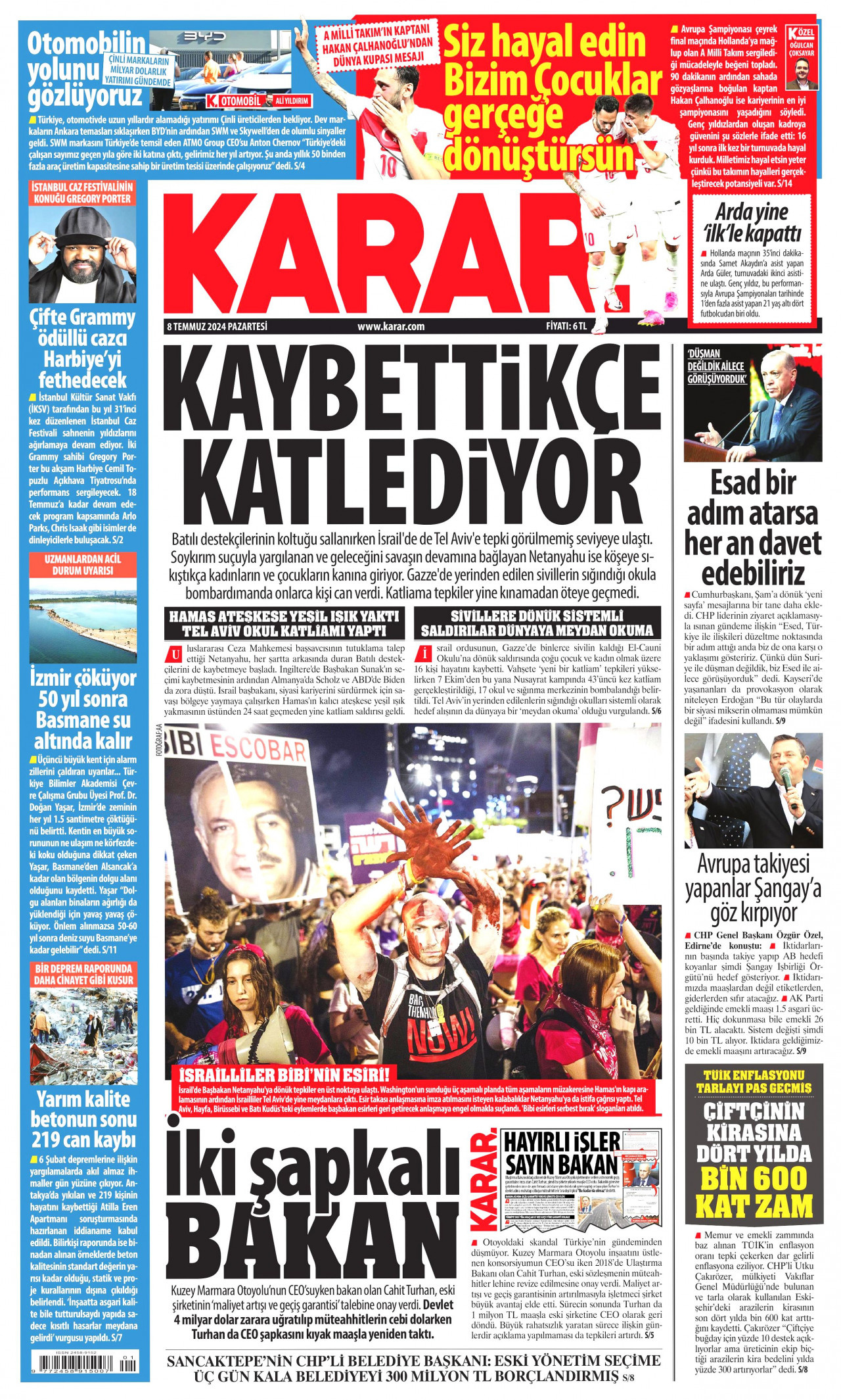 KARAR gazetesinin 8 Temmuz 2024 tarihli birinci sayfası