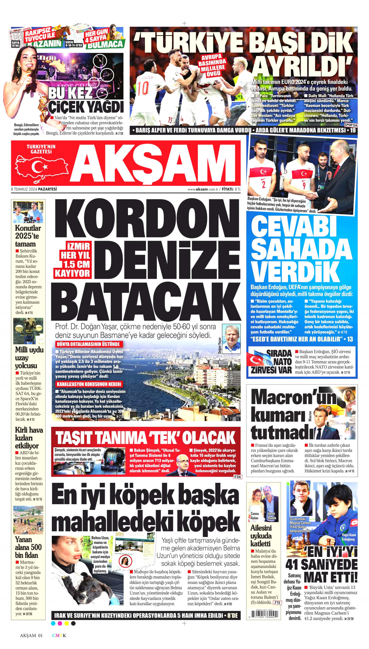AKŞAM gazetesinin 8 Temmuz 2024 tarihli birinci sayfası
