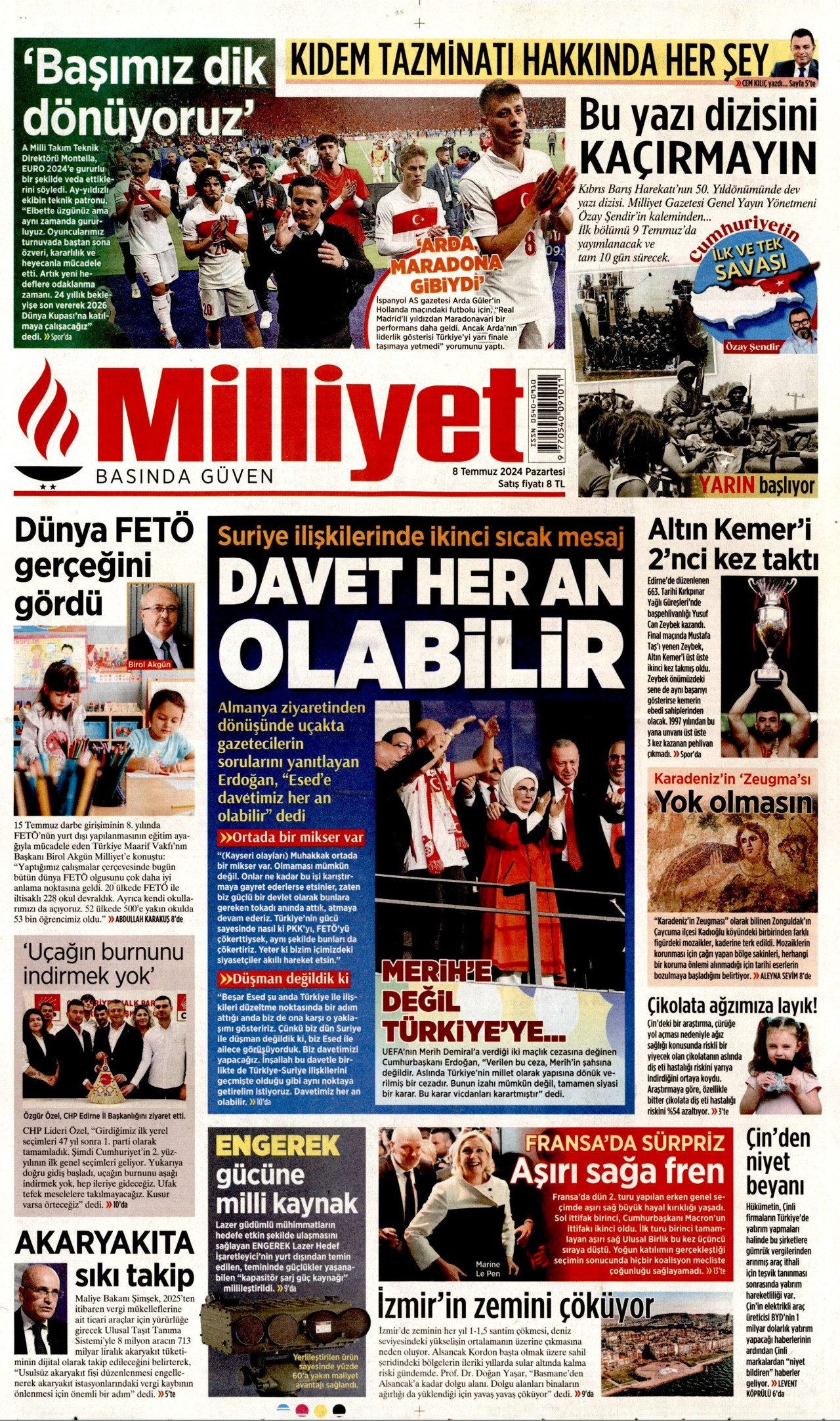 MİLLİYET gazetesinin 8 Temmuz 2024 tarihli birinci sayfası