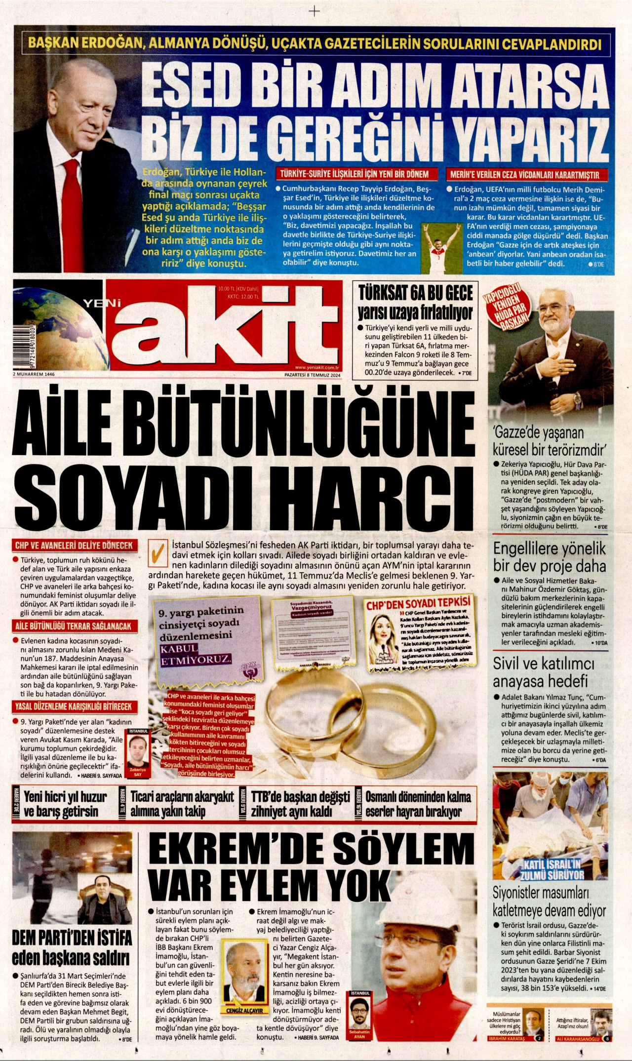 YENİ AKİT gazetesinin 8 Temmuz 2024 tarihli birinci sayfası