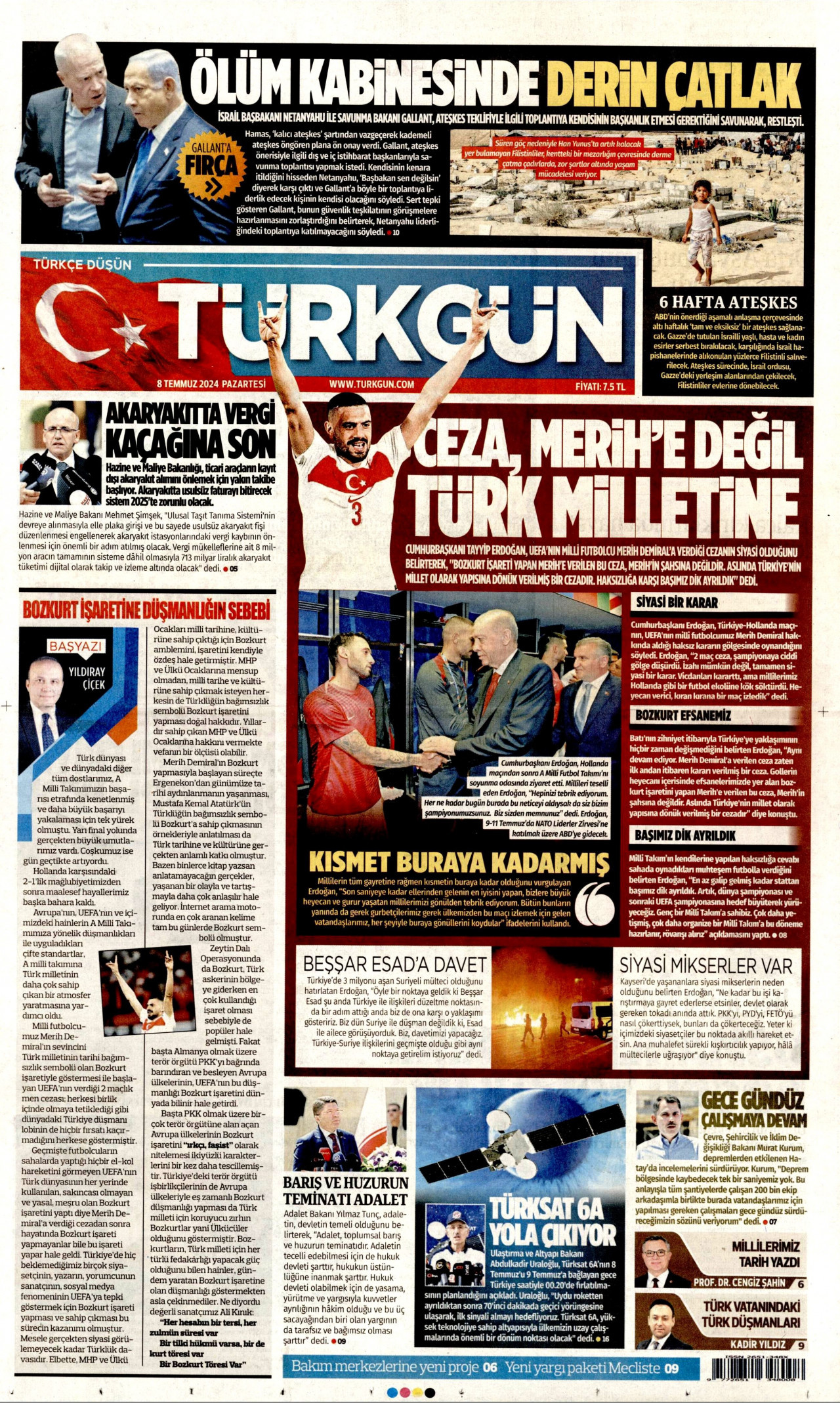 TÜRKGÜN gazetesinin 8 Temmuz 2024 tarihli birinci sayfası