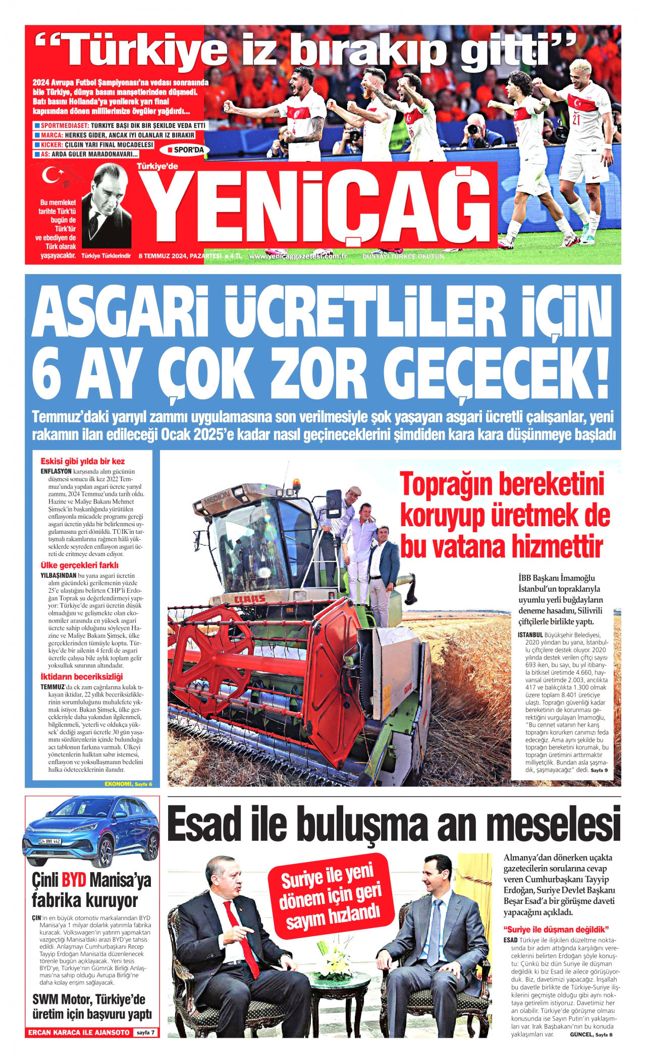 YENİÇAĞ gazetesinin 8 Temmuz 2024 tarihli birinci sayfası