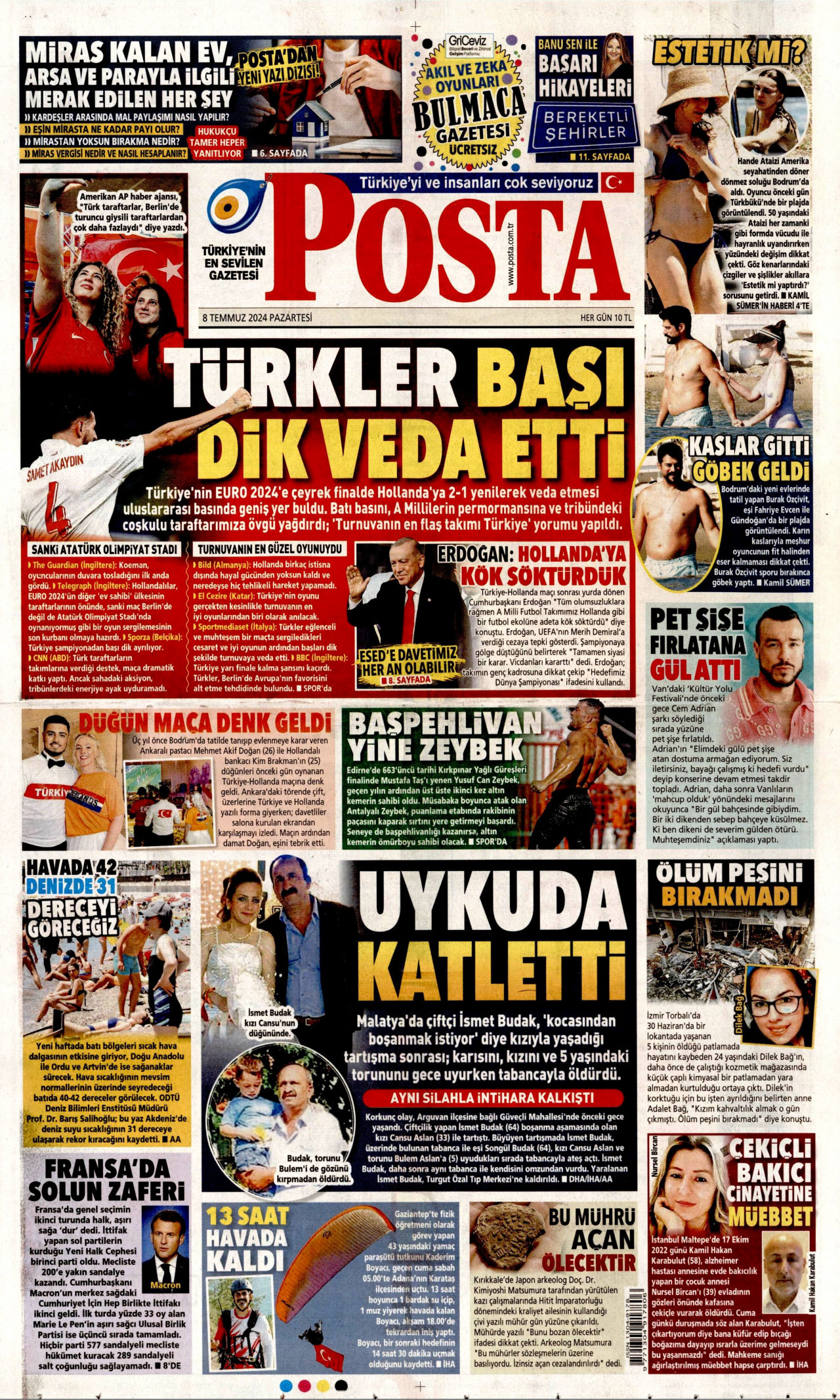 POSTA gazetesinin 8 Temmuz 2024 tarihli birinci sayfası