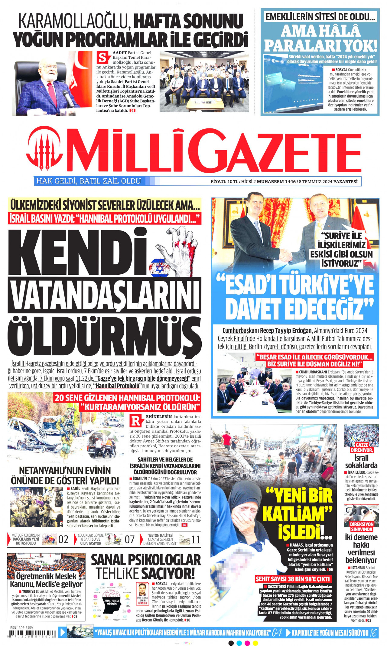 MİLLİ GAZETE gazetesinin 8 Temmuz 2024 tarihli birinci sayfası