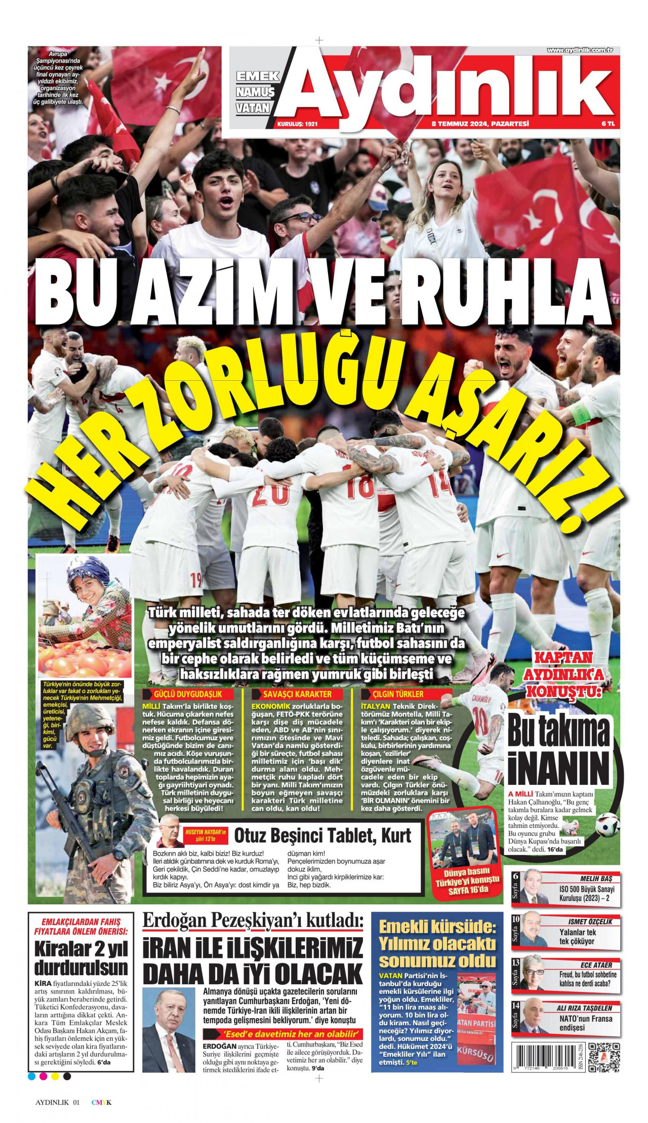 AYDINLIK GAZETESİ gazetesinin 8 Temmuz 2024 tarihli birinci sayfası