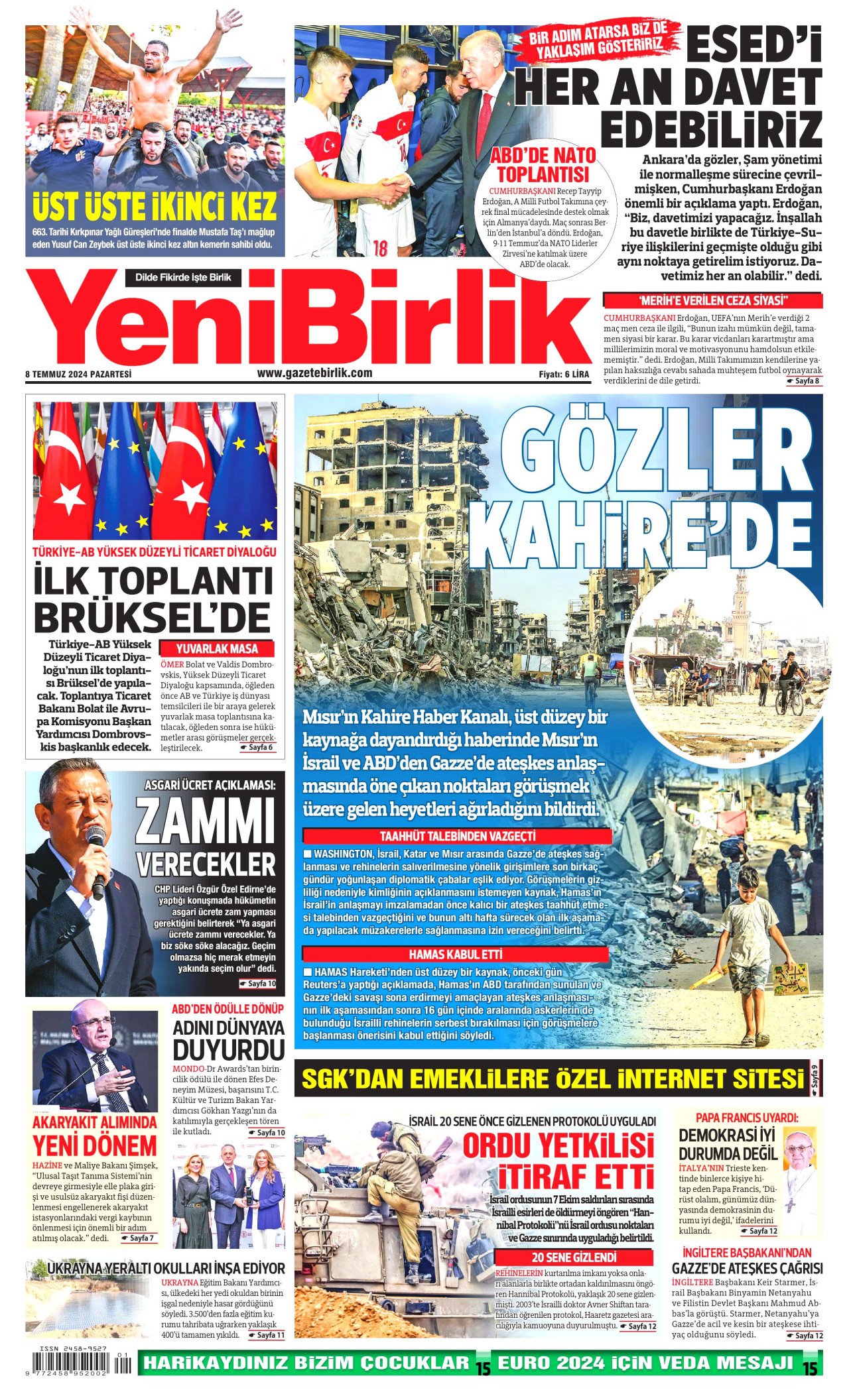 YENİBİRLİK gazetesinin 8 Temmuz 2024 tarihli birinci sayfası