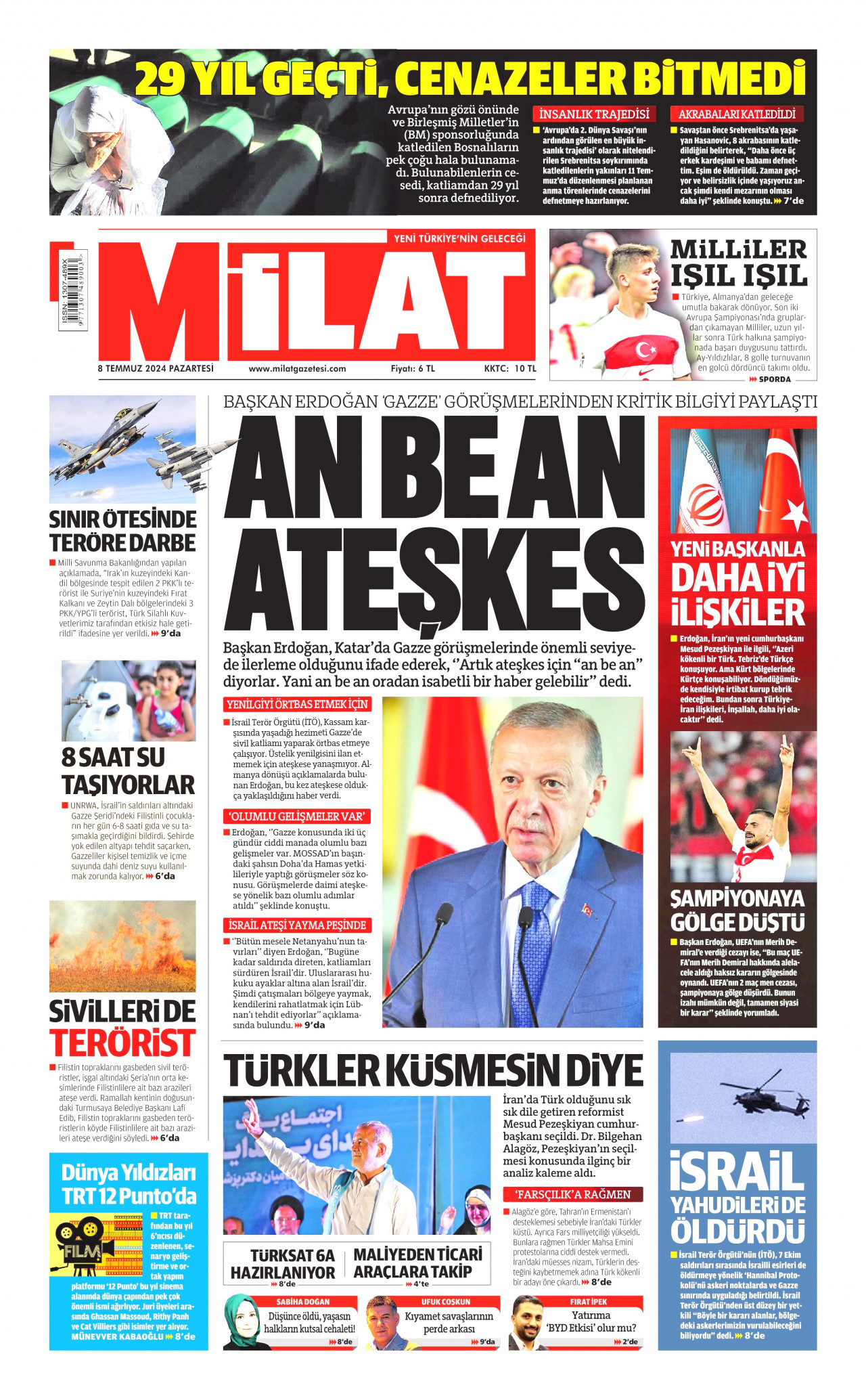 MİLAT gazetesinin 8 Temmuz 2024 tarihli birinci sayfası