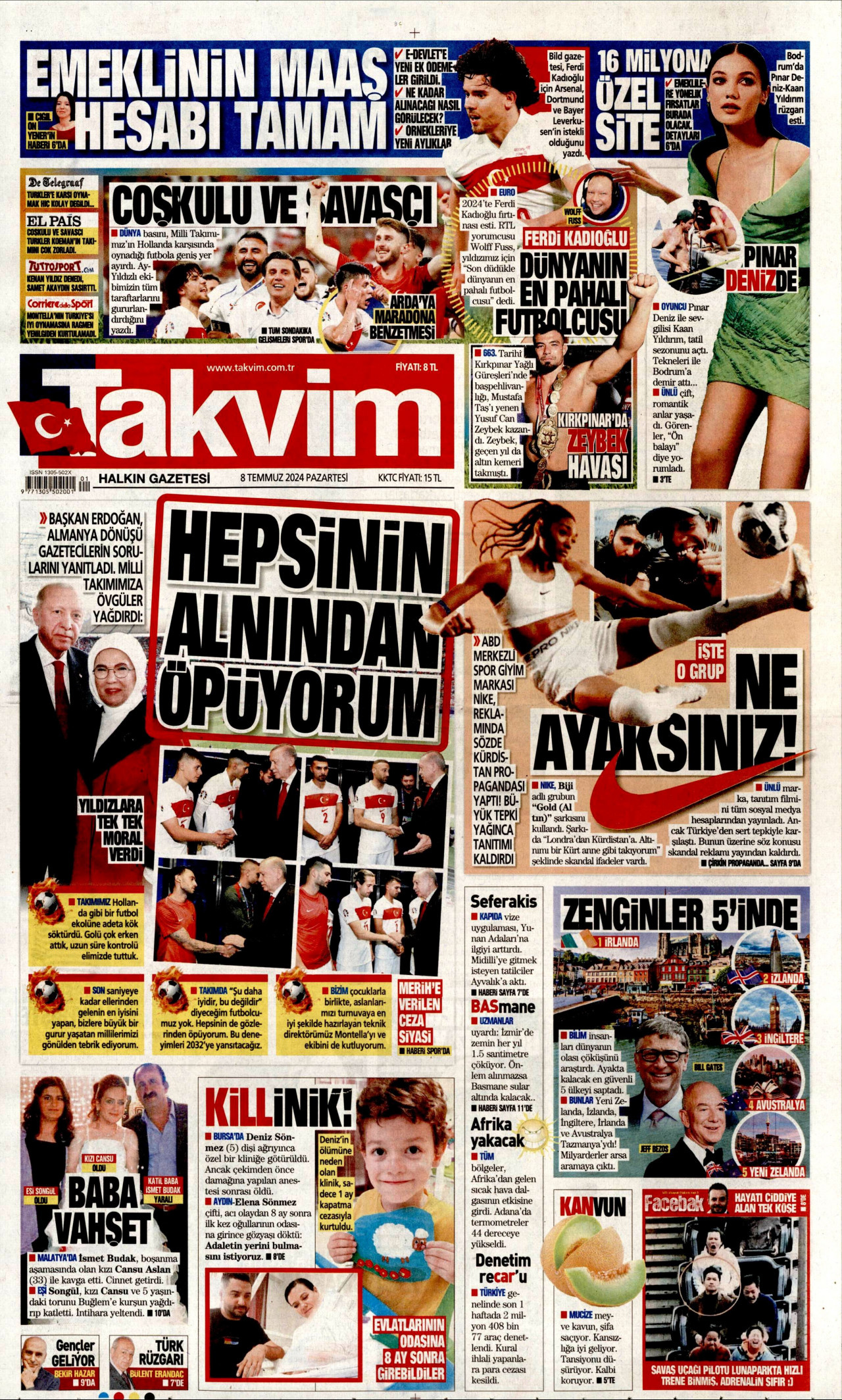 TAKVİM gazetesinin 8 Temmuz 2024 tarihli birinci sayfası