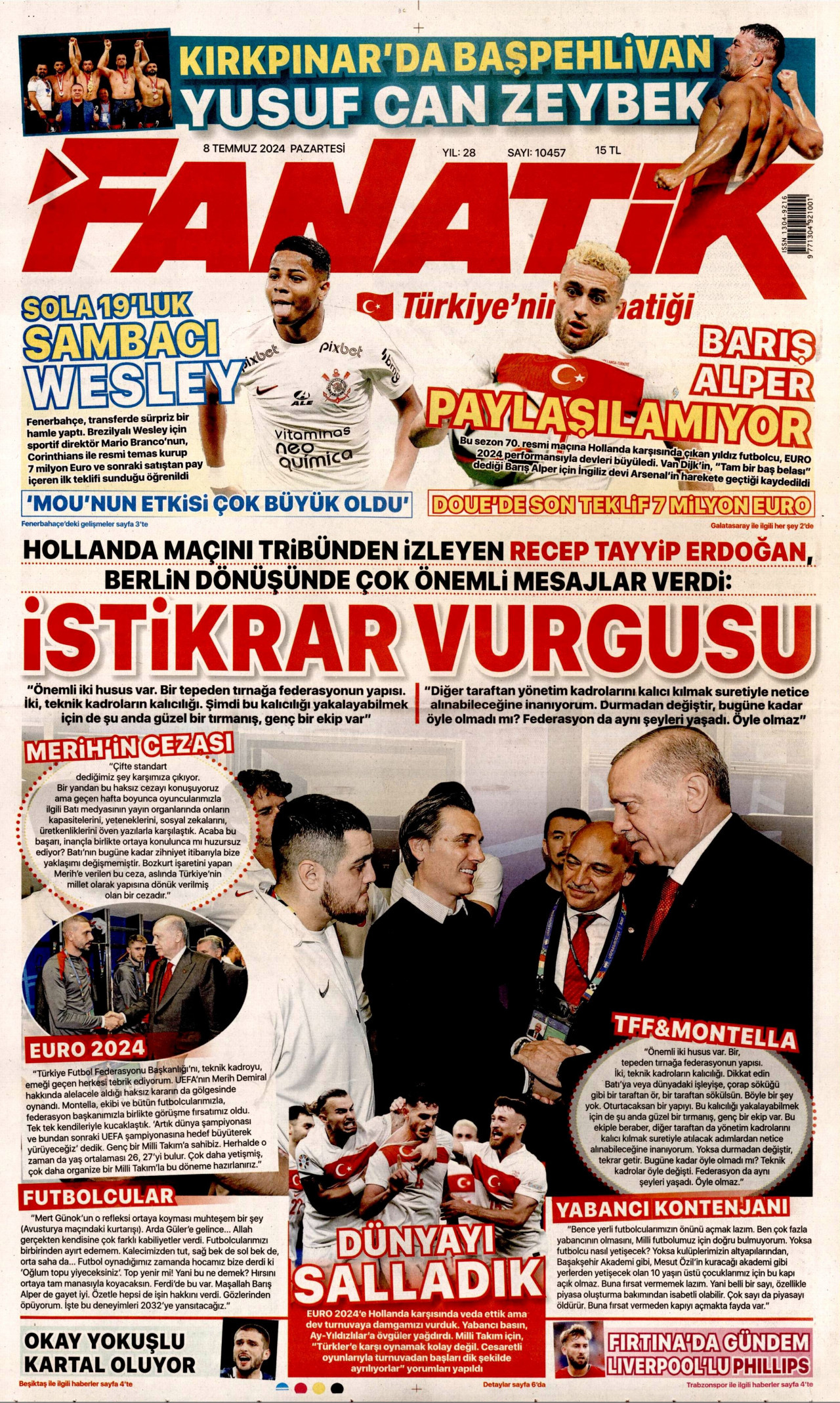 FANATİK gazetesinin 8 Temmuz 2024 tarihli birinci sayfası