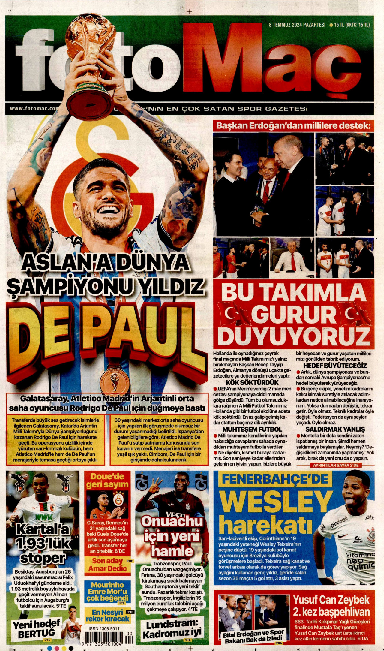 FOTOMAÇ gazetesinin 8 Temmuz 2024 tarihli birinci sayfası