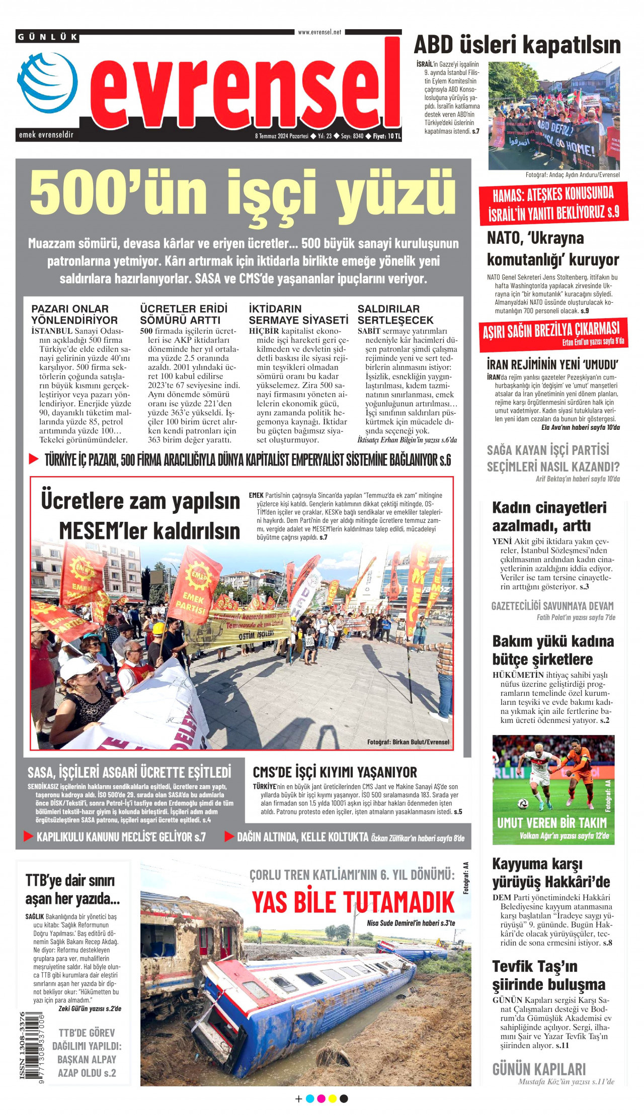 EVRENSEL gazetesinin 8 Temmuz 2024 tarihli birinci sayfası