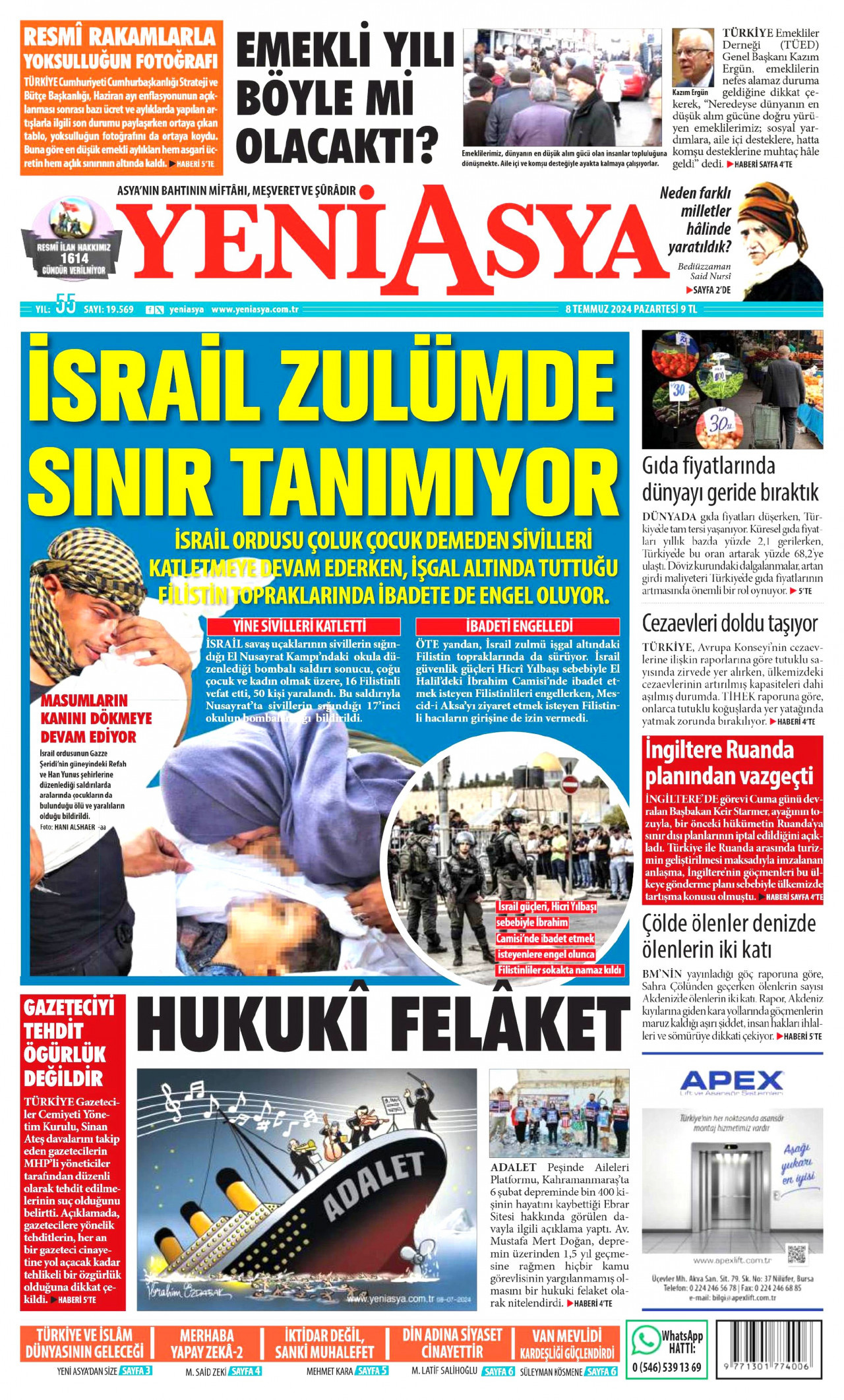 YENİ ASYA gazetesinin 8 Temmuz 2024 tarihli birinci sayfası