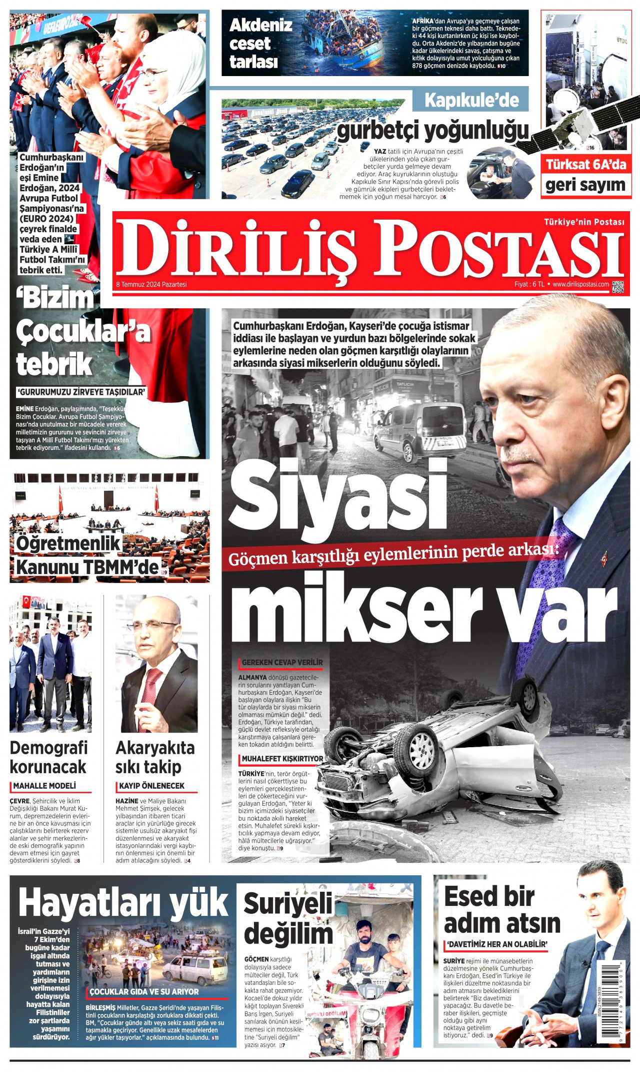 DİRİLİŞ POSTASI gazetesinin 8 Temmuz 2024 tarihli birinci sayfası