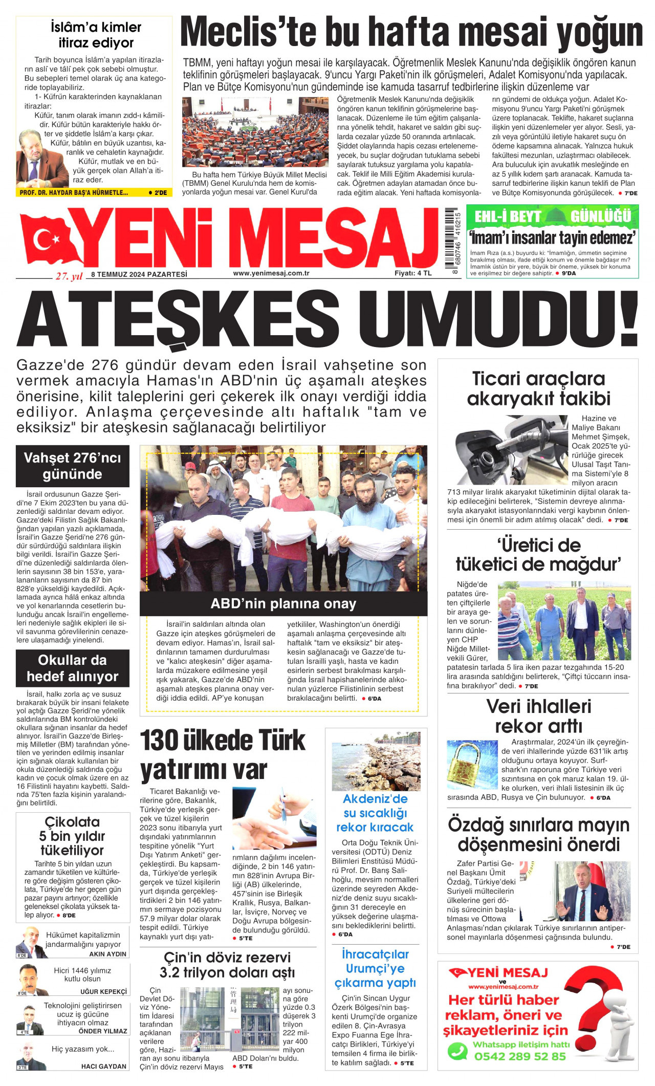 YENİ MESAJ gazetesinin 8 Temmuz 2024 tarihli birinci sayfası