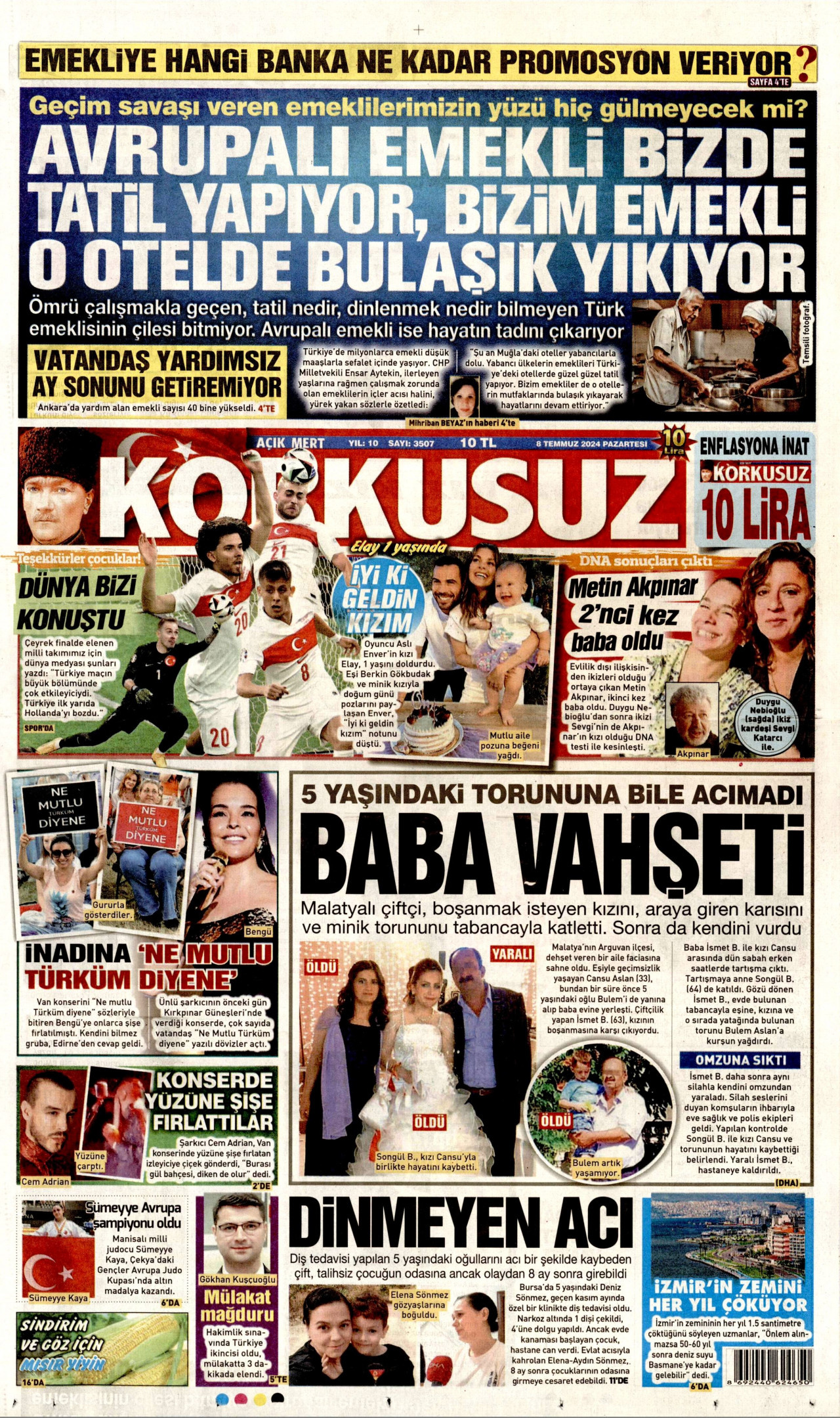 KORKUSUZ gazetesinin 8 Temmuz 2024 tarihli birinci sayfası